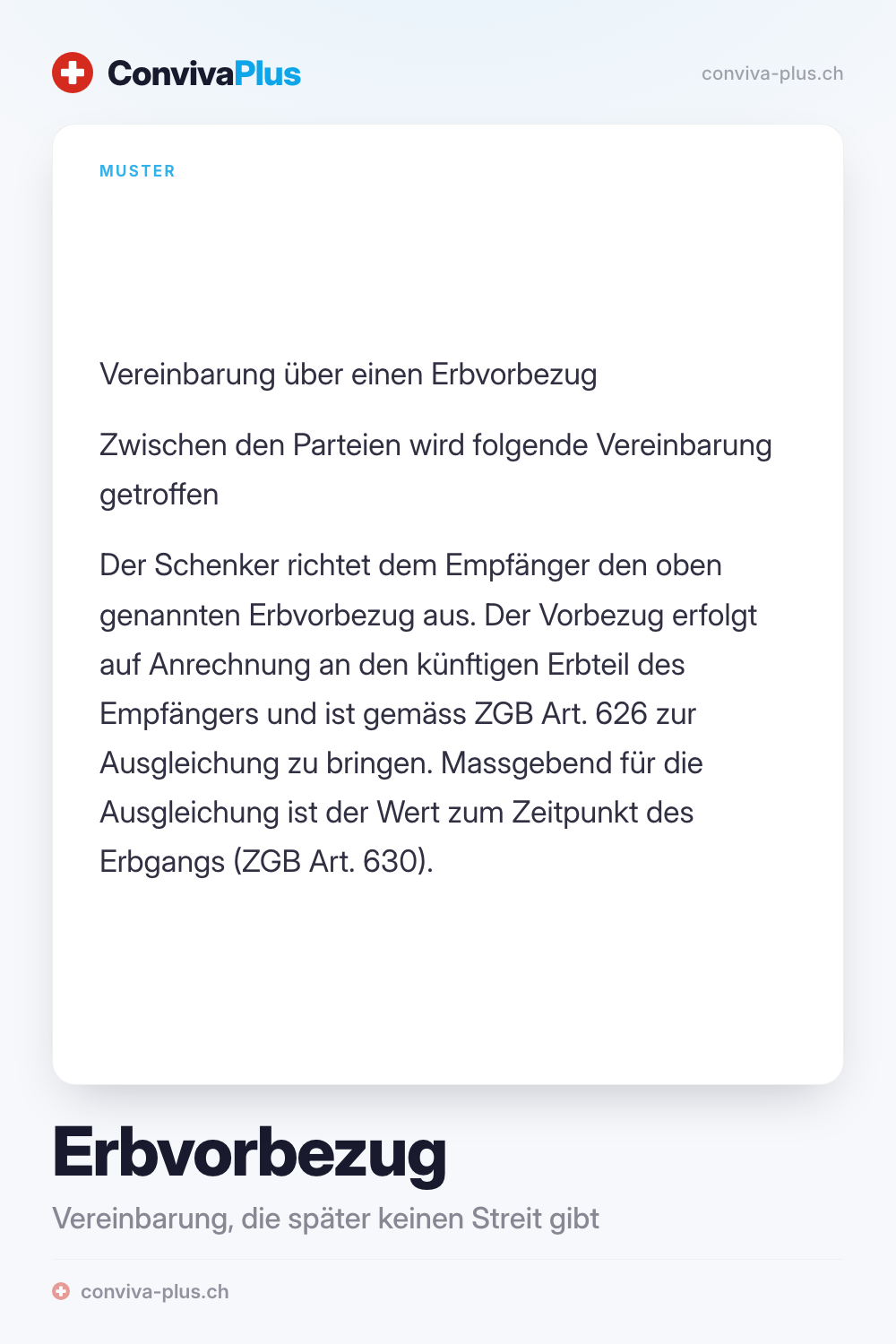 Muster einer Vereinbarung über einen Erbvorbezug in der Schweiz mit Platzhaltern für Schenker, Empfänger und Betrag, Vorlage von ConvivaPlus