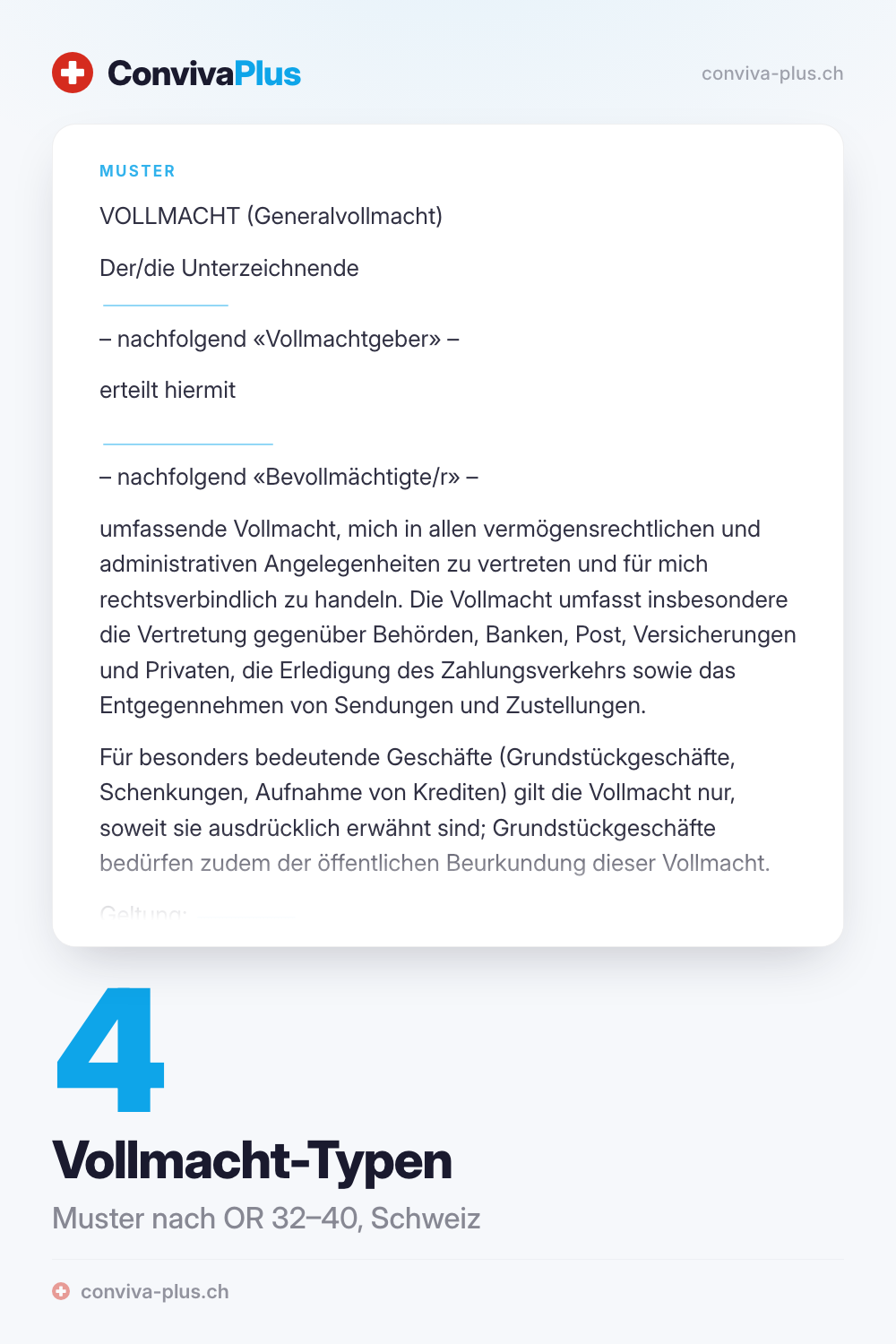 Muster einer Generalvollmacht nach Schweizer Recht (OR 32–40) mit Platzhaltern zum Ausfüllen, aus dem ConvivaPlus-Vollmacht-Generator mit 4 Vollmacht-Typen