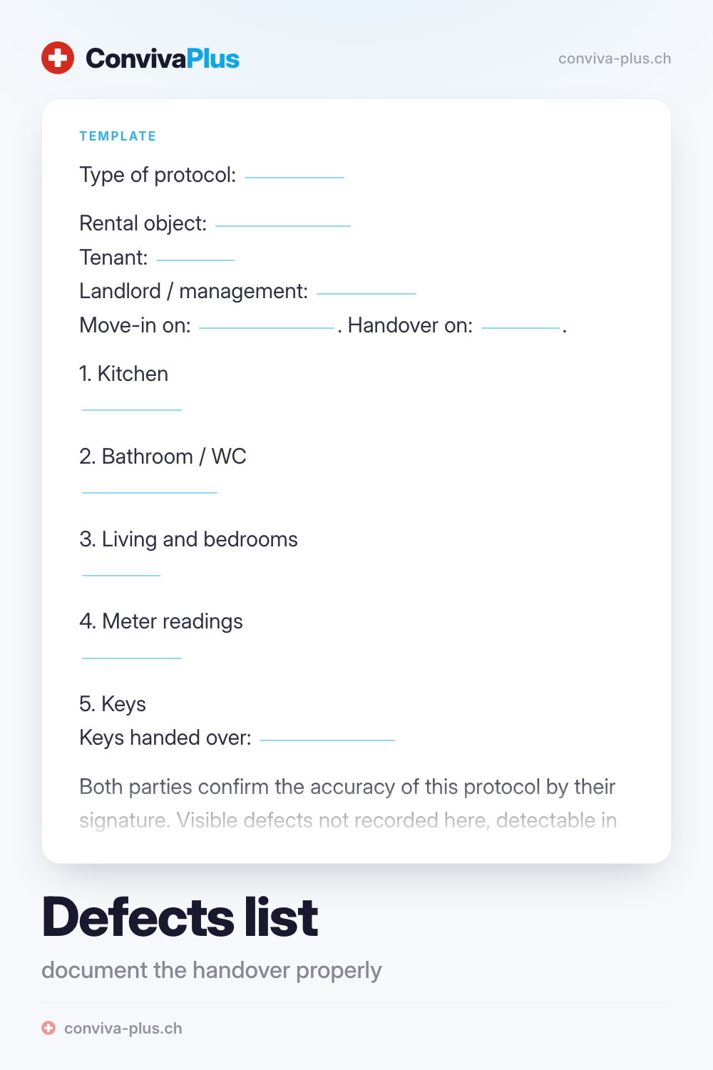Sample handover defects list for Switzerland with blanks for rooms, defects and signatures, template by ConvivaPlus