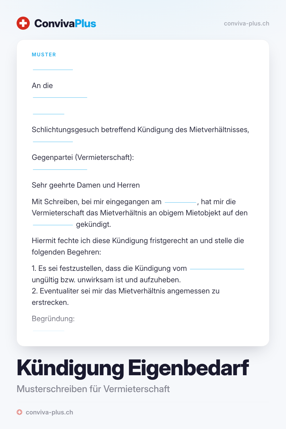 Musterschreiben einer Kündigung wegen Eigenbedarfs in der Schweiz mit Platzhaltern für Vermieterschaft, Objekt und Termin, Vorlage von ConvivaPlus