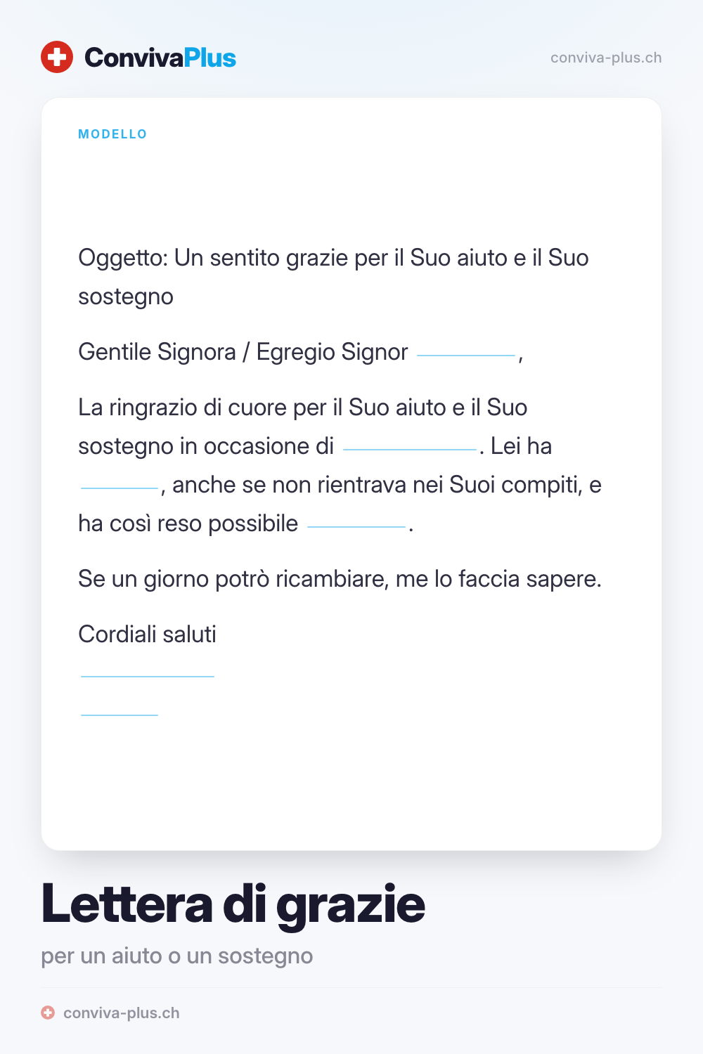 Lettera di ringraziamento modello: «grazie per l'aiuto e il sostegno» con righe da compilare, dalla raccolta ConvivaPlus di 140 testi