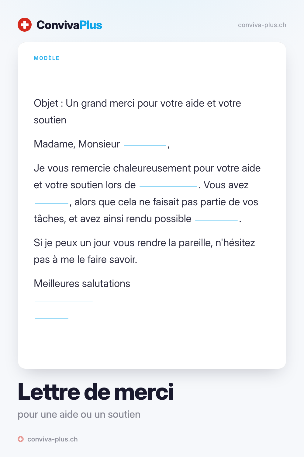Lettre de remerciement modèle: «merci pour votre aide et votre soutien» avec lignes à compléter, de la collection ConvivaPlus de 140 textes