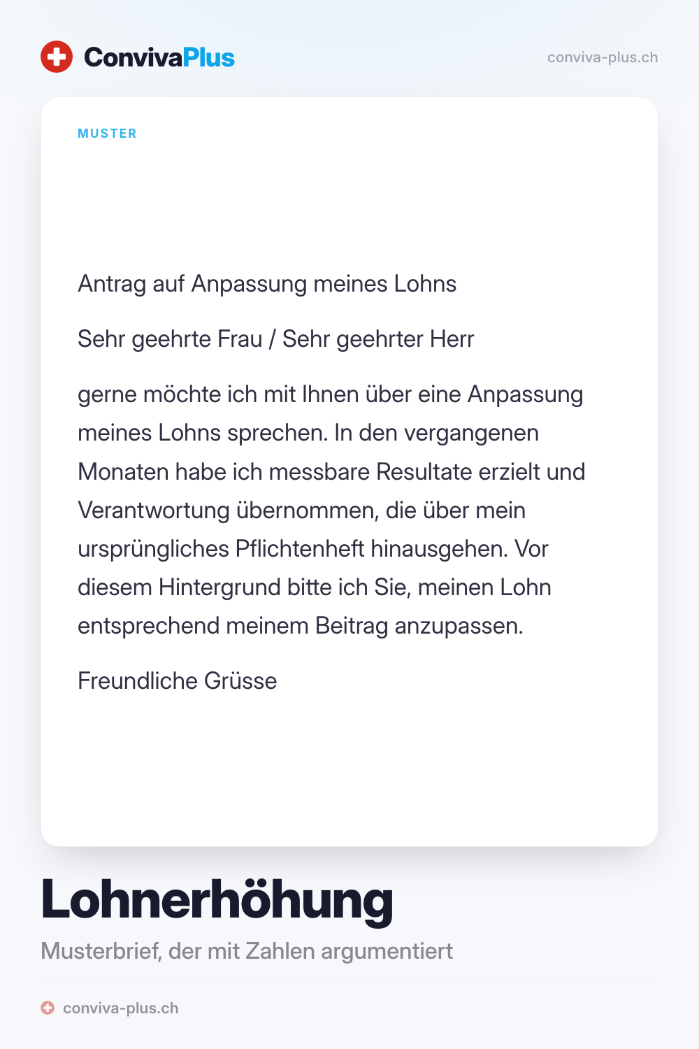 Musterbrief für eine Lohnerhöhung in der Schweiz mit Platzhaltern für Name, Vorgesetzte und Wunschlohn, Vorlage von ConvivaPlus