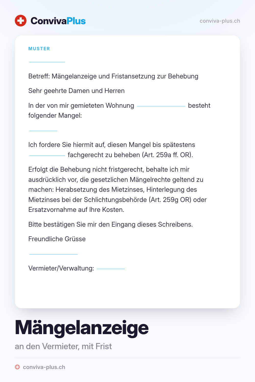 Mängelanzeige Vorlage: Muster einer Mängelanzeige an den Vermieter in der Schweiz mit Linien für Mietobjekt, Mangel und Frist zur Behebung, Vorlage von ConvivaPlus