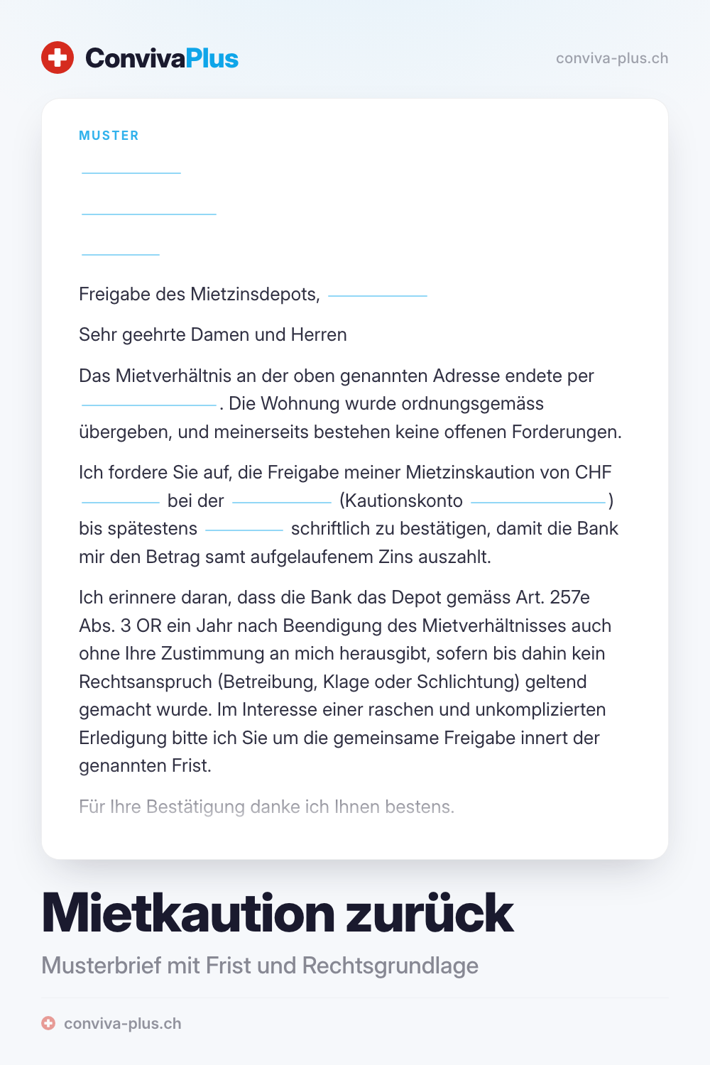 Musterbrief zur Rückforderung der Mietkaution in der Schweiz mit Platzhaltern für Absender, Bank und Frist, Vorlage von ConvivaPlus