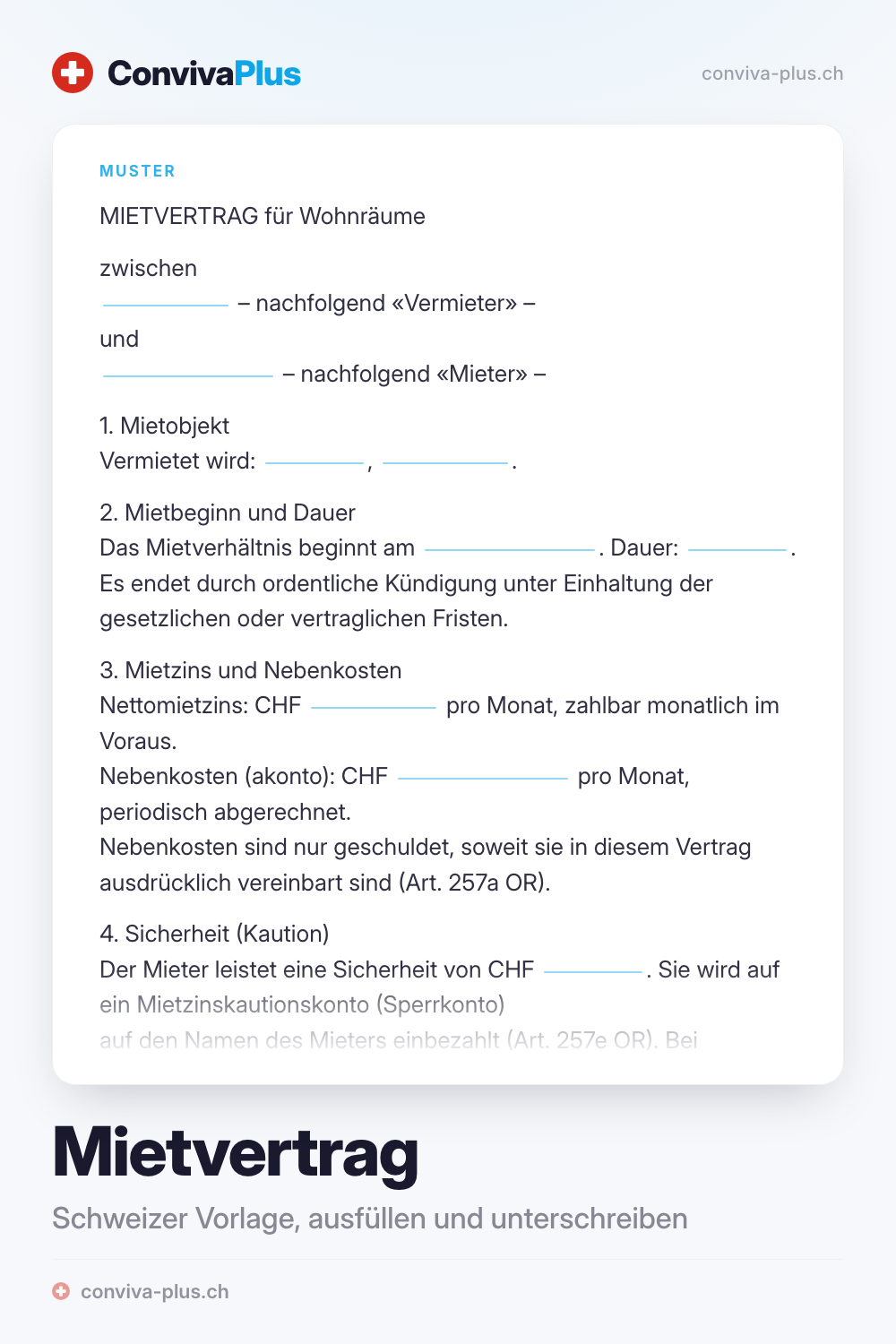 Muster eines Schweizer Mietvertrags für Wohnräume mit Platzhaltern für Parteien, Mietzins und Nebenkosten, Vorlage von ConvivaPlus