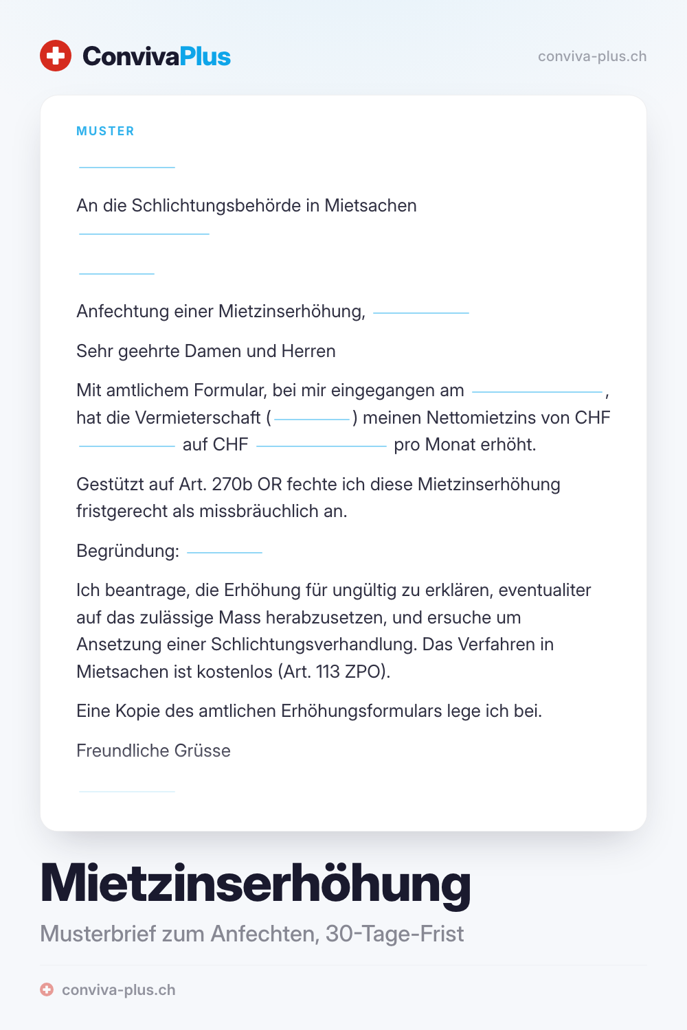 Musterbrief zur Anfechtung einer Mietzinserhöhung in der Schweiz mit Platzhaltern für Absender, Objekt und Datum, Vorlage von ConvivaPlus
