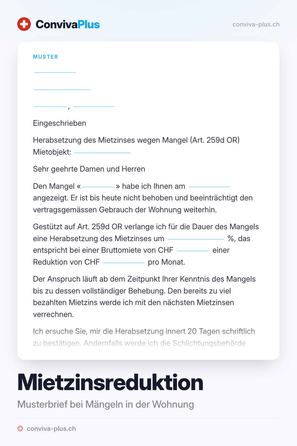 Musterbrief zur Forderung einer Mietzinsreduktion wegen Mängeln in der Schweiz mit Platzhaltern für Absender, Mangel und Frist, Vorlage von ConvivaPlus