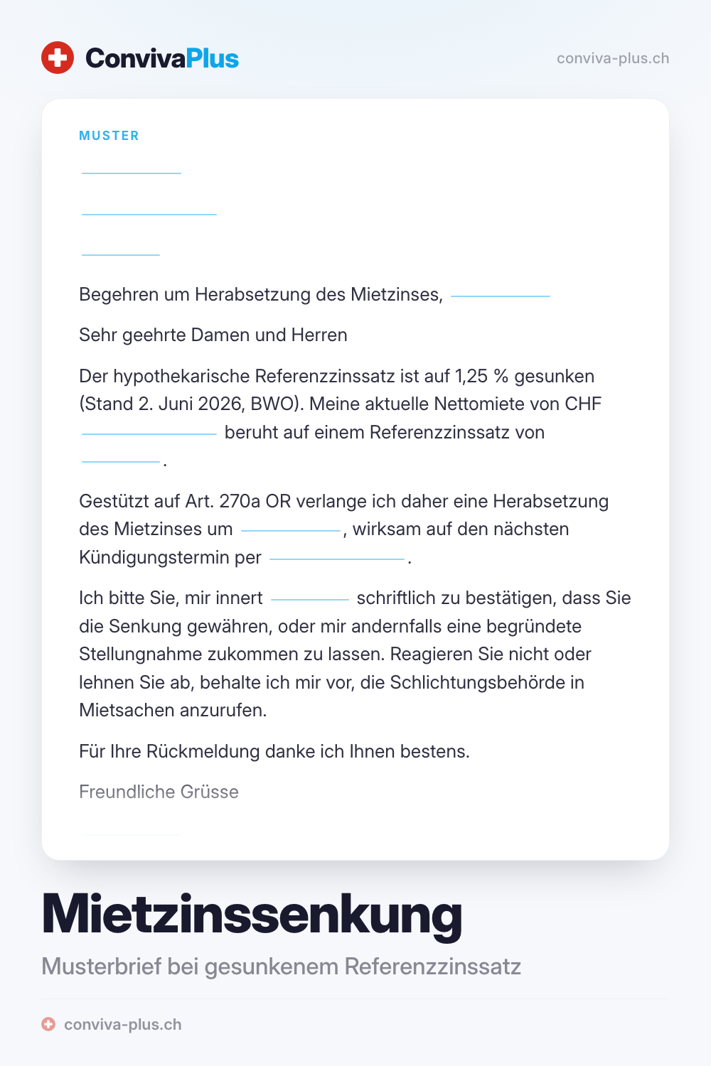 Musterbrief für ein Mietzinssenkungsbegehren in der Schweiz mit Platzhaltern für Absender, Objekt und Referenzzinssatz, Vorlage von ConvivaPlus