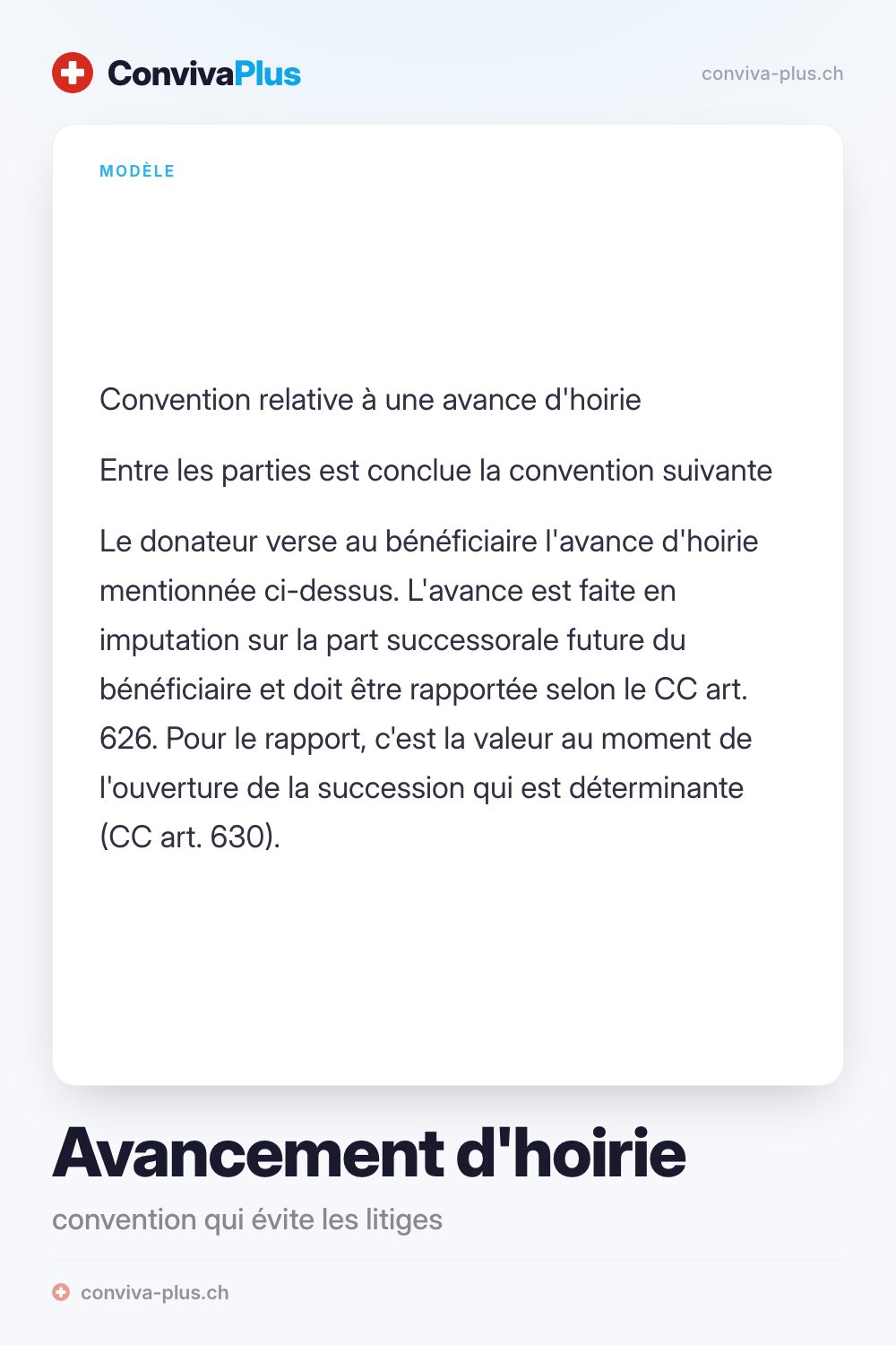 Modèle de convention d'avancement d'hoirie en Suisse avec champs pour le donateur, le bénéficiaire et le montant, modèle ConvivaPlus