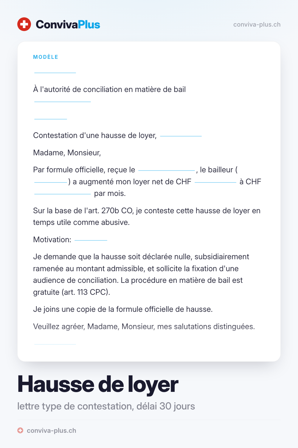 Lettre type de contestation d'une hausse de loyer en Suisse avec champs pour l'expéditeur, l'objet et la date, modèle ConvivaPlus