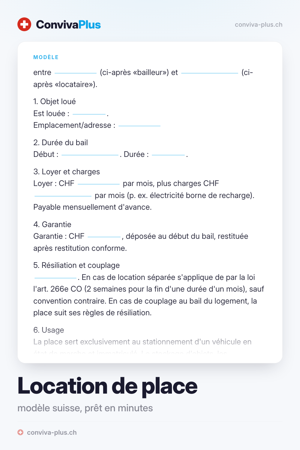 Modèle de contrat de location d'une place de parc ou d'un garage en Suisse avec champs pour les parties et le loyer, modèle ConvivaPlus