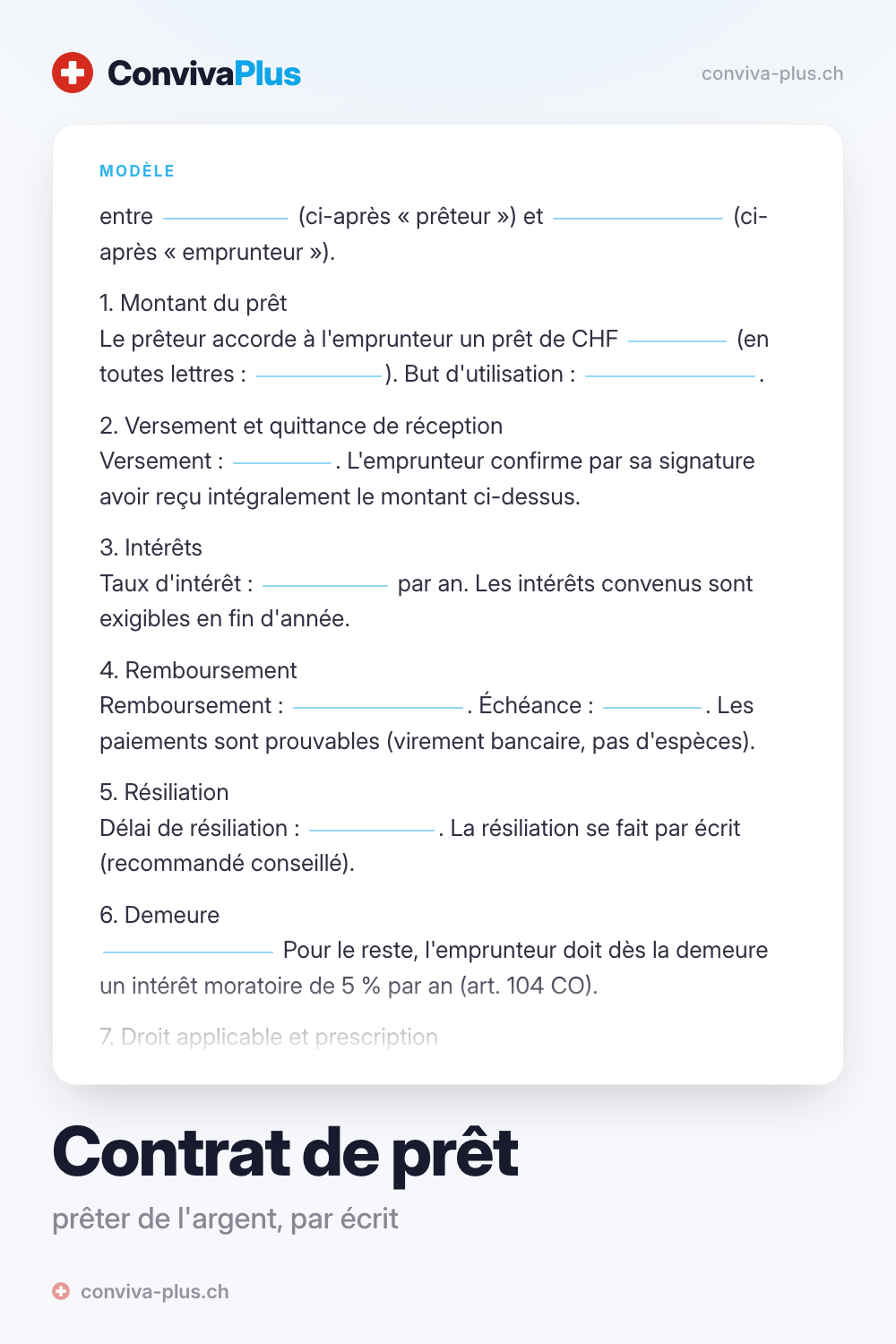 Modèle de contrat de prêt pour la Suisse avec champs pour le prêteur, l'emprunteur, le montant et le remboursement, modèle ConvivaPlus