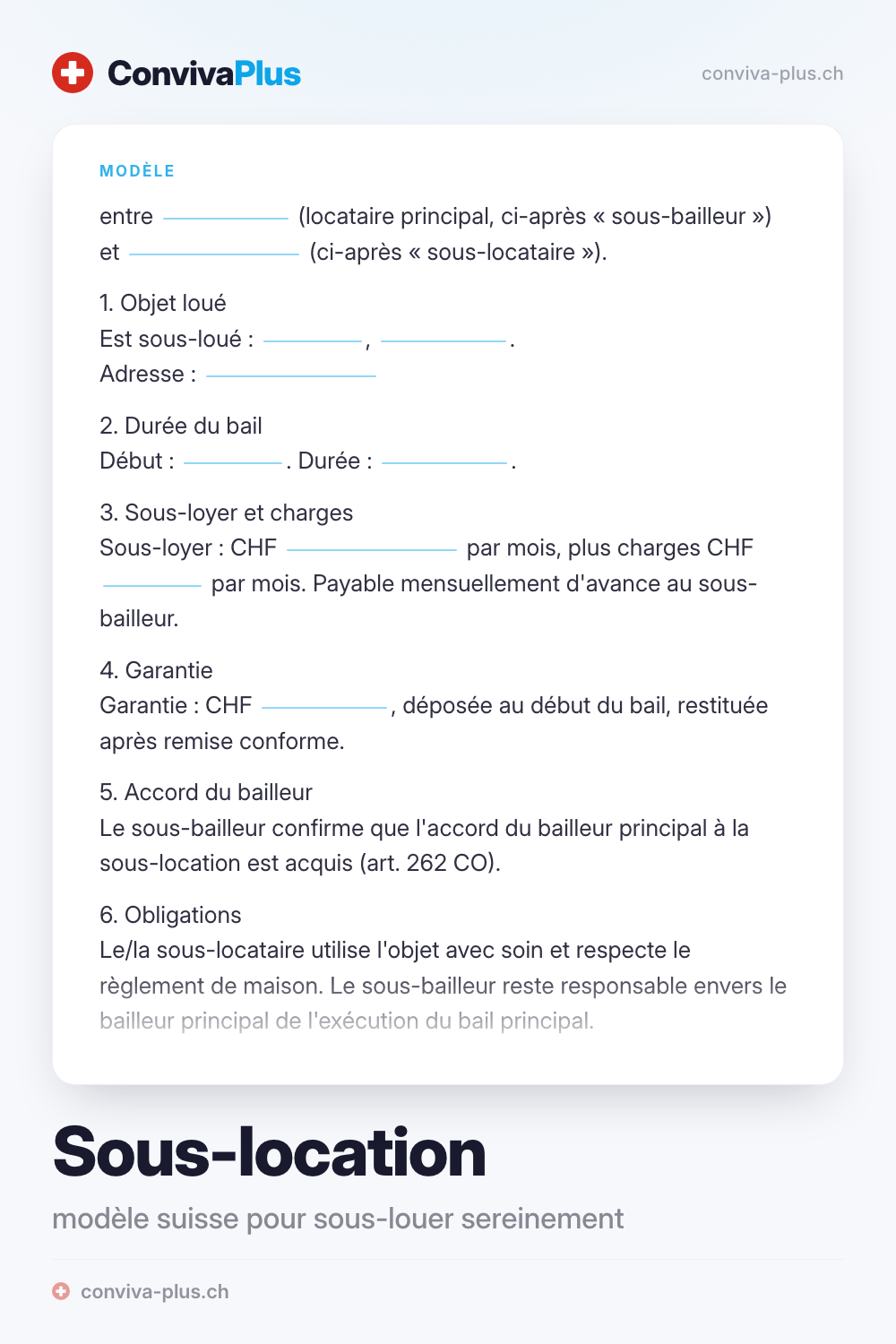Modèle de contrat de sous-location pour la Suisse avec champs pour le sous-bailleur, le sous-locataire et le loyer, modèle ConvivaPlus