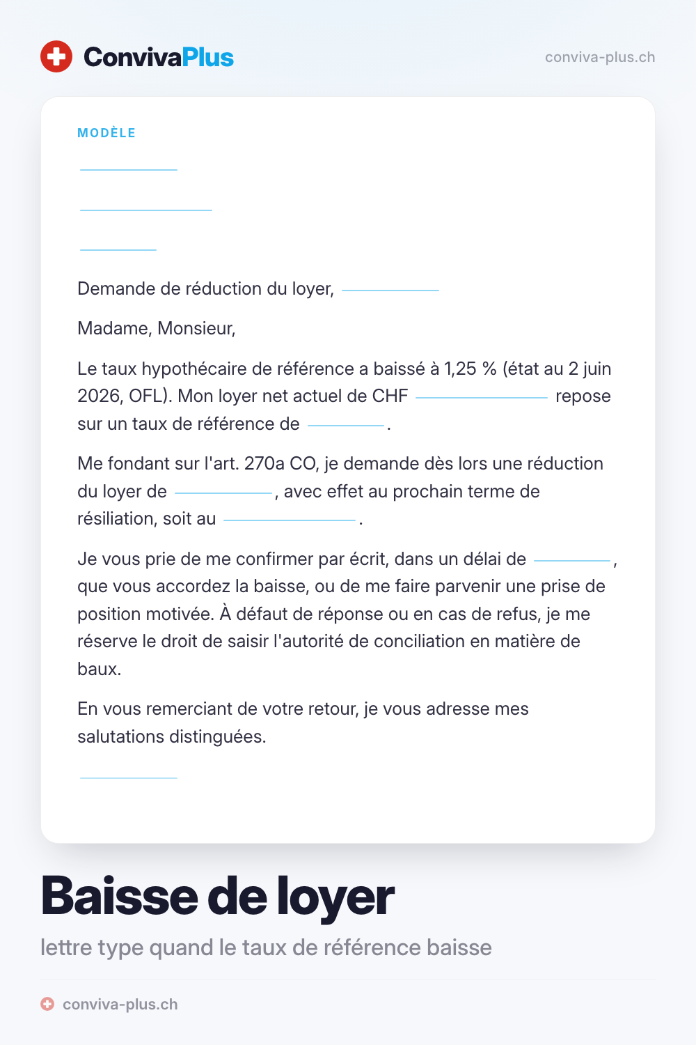 Lettre type de demande de baisse de loyer en Suisse avec champs pour l'expéditeur, l'objet et le taux de référence, modèle ConvivaPlus