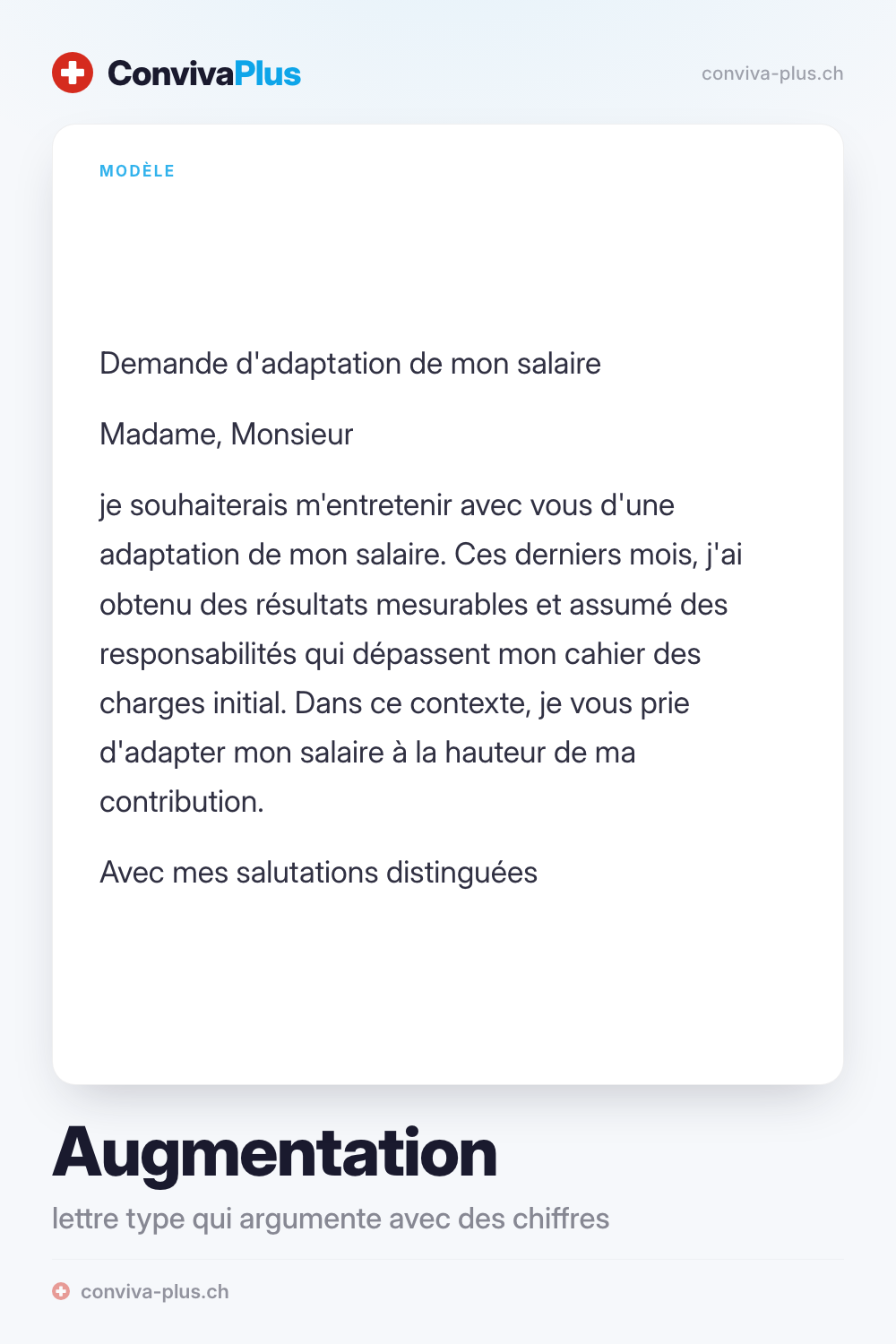 Lettre type pour une augmentation de salaire en Suisse avec champs pour le nom, le supérieur et le salaire souhaité, modèle ConvivaPlus