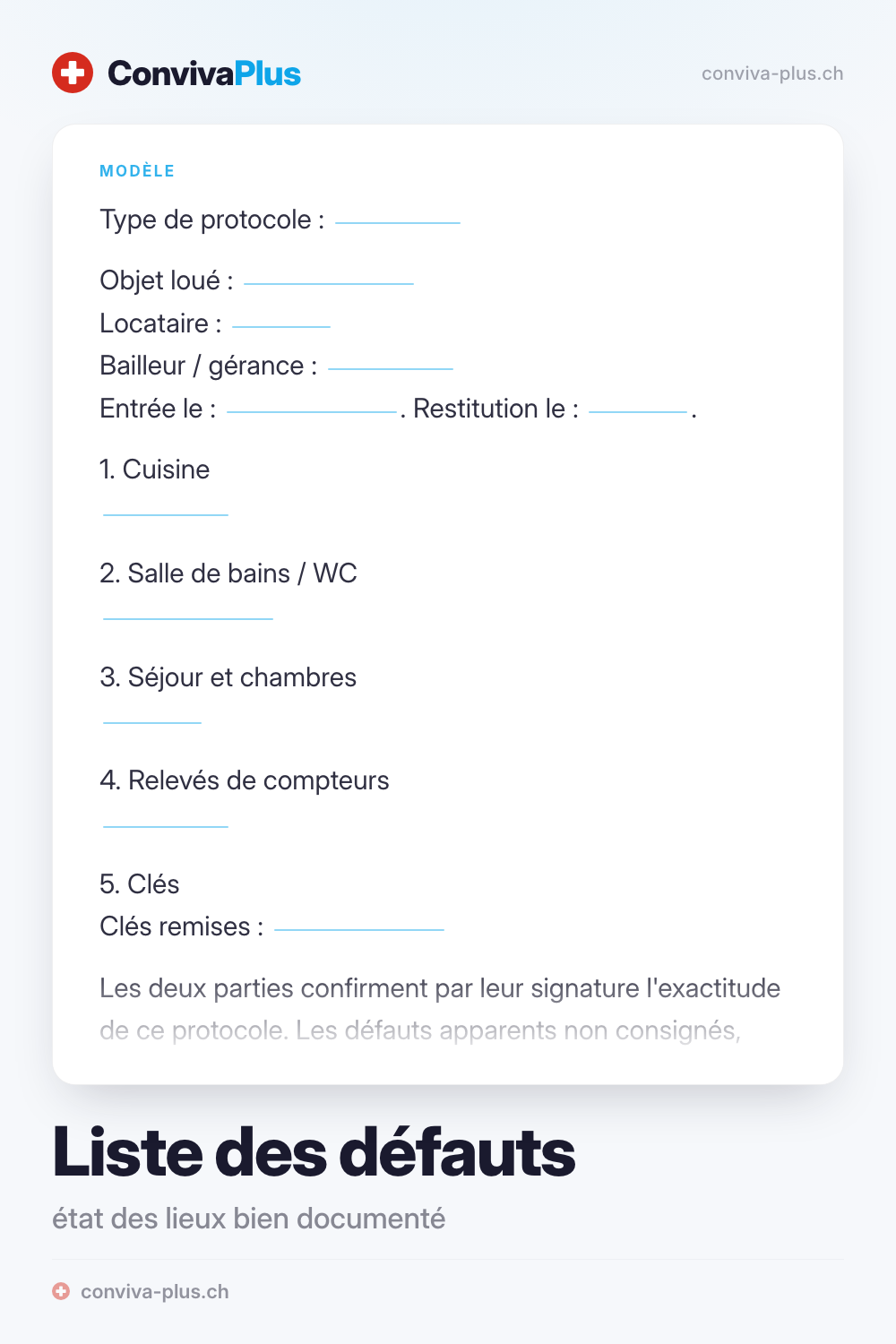Modèle de liste de défauts pour l'état des lieux en Suisse avec champs pour les pièces, les défauts et les signatures, modèle ConvivaPlus