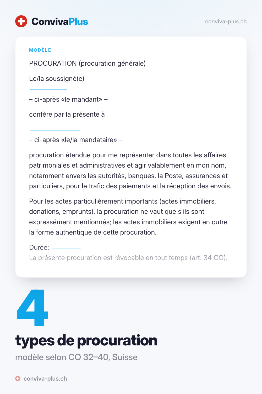 Modèle de procuration générale de droit suisse (CO 32–40) avec champs à compléter, du générateur ConvivaPlus à 4 types de procuration