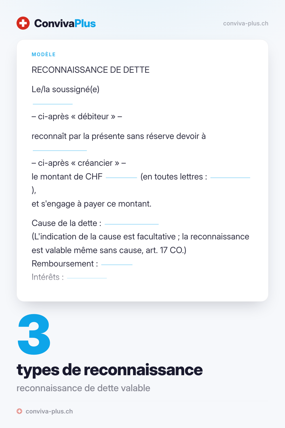 Modèle de reconnaissance de dette pour la Suisse avec champs pour le créancier, le débiteur et le montant, modèle ConvivaPlus avec 3 types