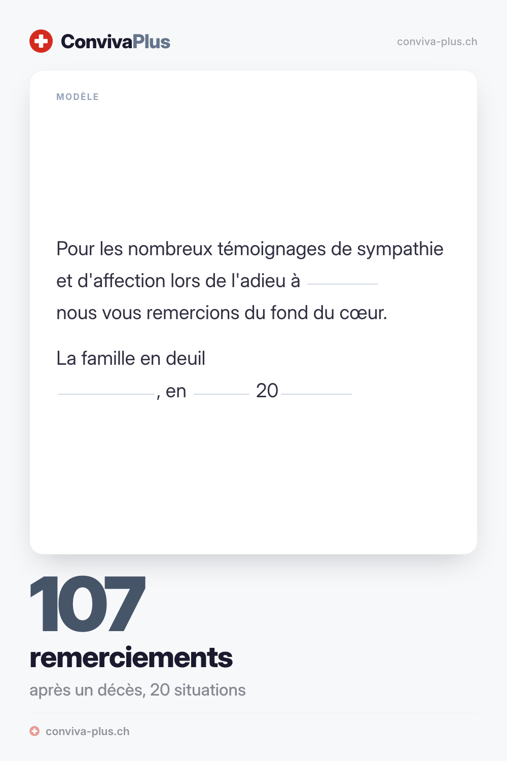 Modèle de carte de remerciement après un décès avec champs à compléter, collection ConvivaPlus de 107 textes pour 20 situations