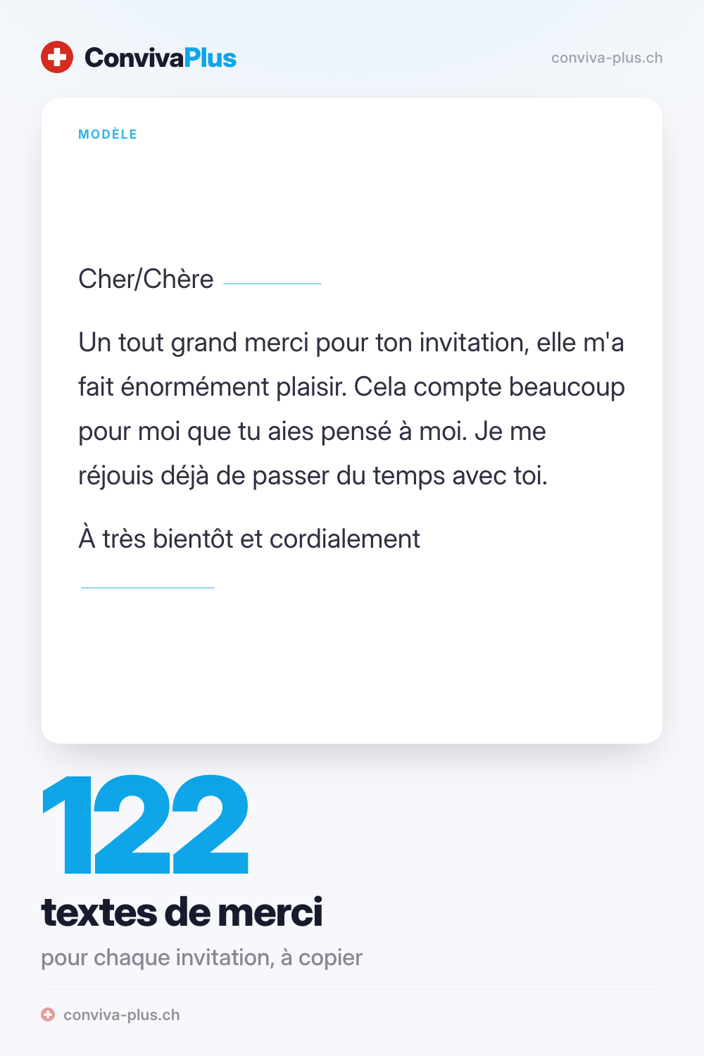 Modèle de carte de remerciement pour une invitation avec champs à compléter, issu de la collection ConvivaPlus de 122 textes de merci