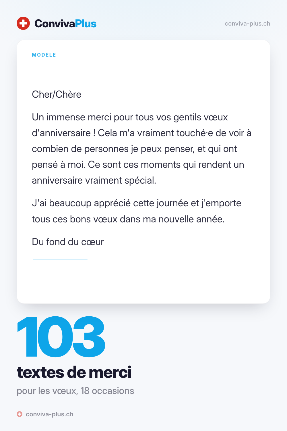 Modèle de message de remerciement pour des vœux d'anniversaire avec champs à compléter, collection ConvivaPlus de 103 textes