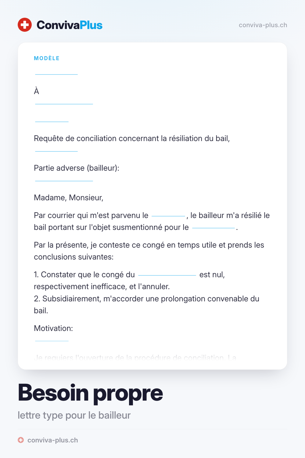 Lettre type de résiliation pour besoin propre en Suisse avec champs pour le bailleur, l'objet et la date, modèle ConvivaPlus