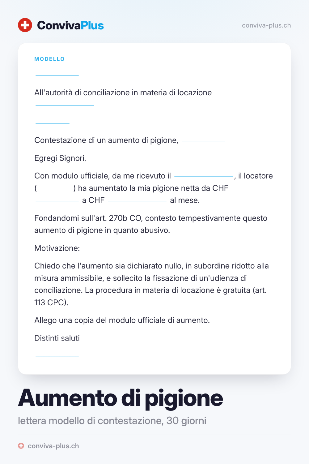 Lettera modello per contestare un aumento di pigione in Svizzera con spazi per mittente, oggetto e data, modello ConvivaPlus