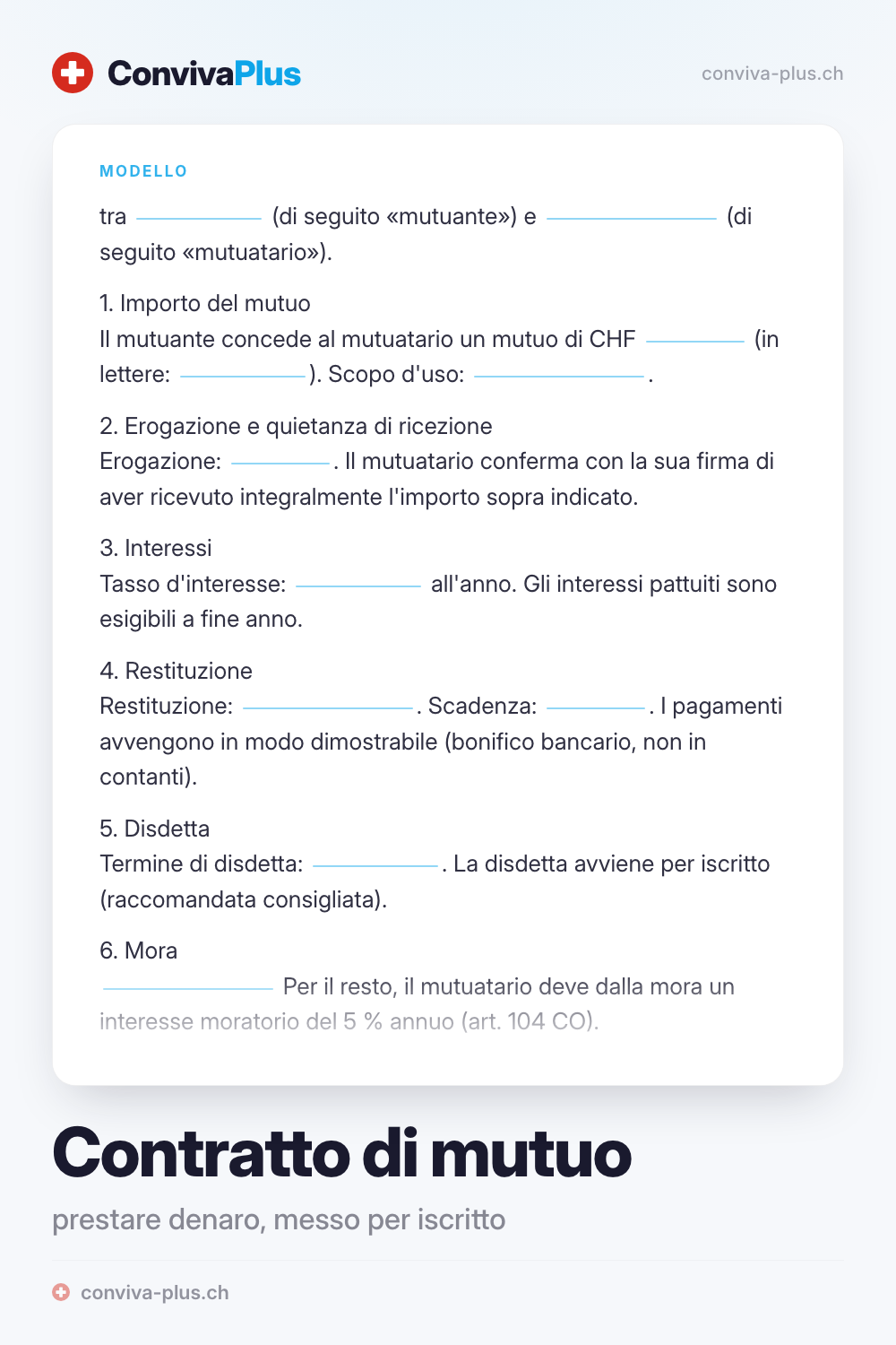 Modello di contratto di mutuo per la Svizzera con spazi per mutuante, mutuatario, importo e rimborso, modello ConvivaPlus