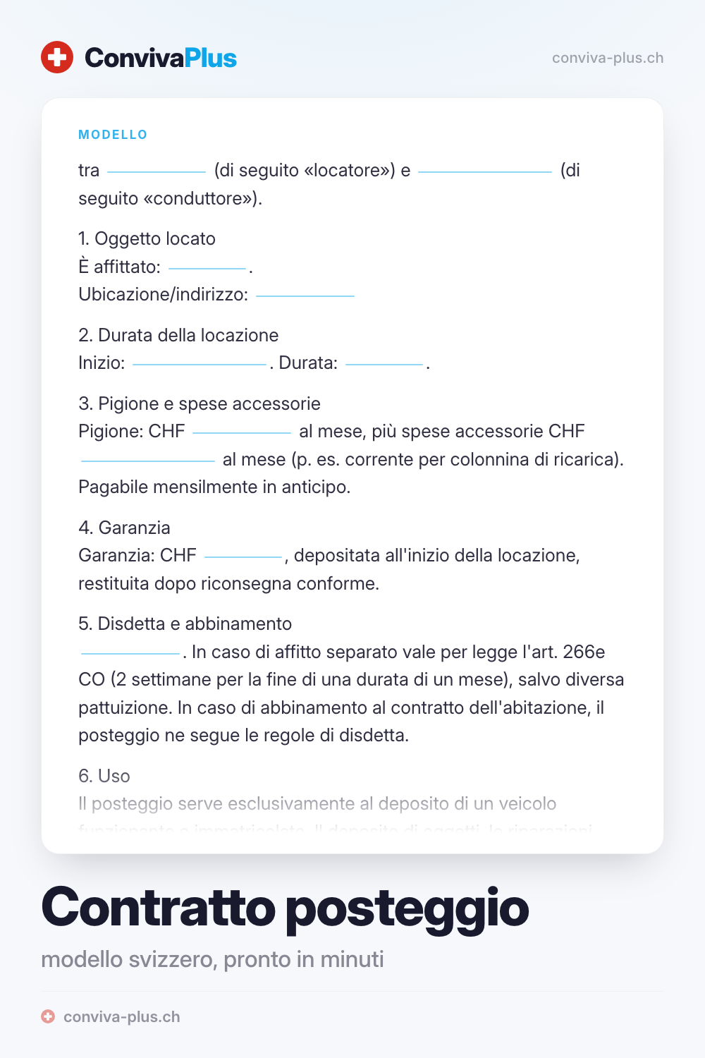 Modello di contratto di locazione per un posteggio o un box in Svizzera con spazi per le parti e la pigione, modello ConvivaPlus