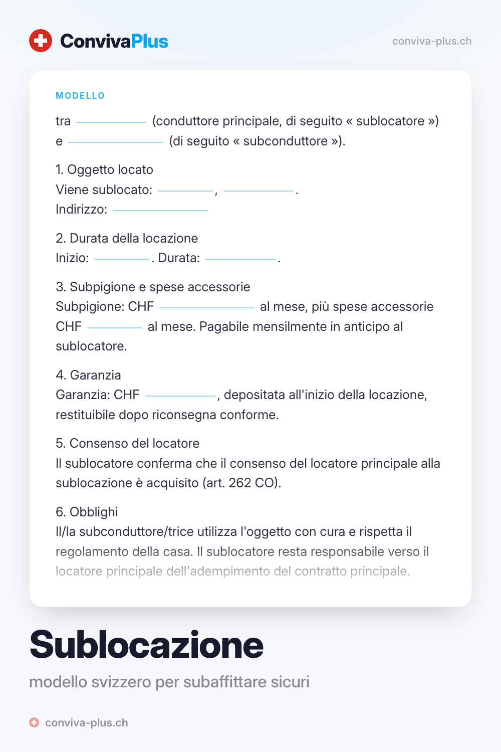 Modello di contratto di sublocazione per la Svizzera con spazi per sublocatore, subconduttore e pigione, modello ConvivaPlus