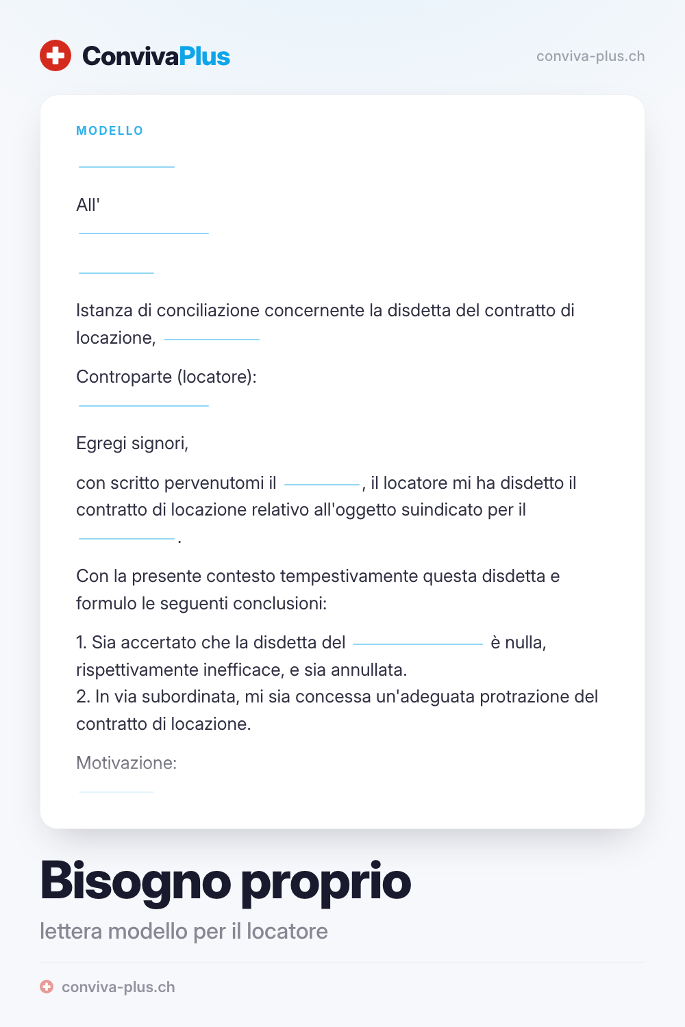 Lettera modello di disdetta per bisogno proprio in Svizzera con spazi per locatore, oggetto e termine, modello ConvivaPlus