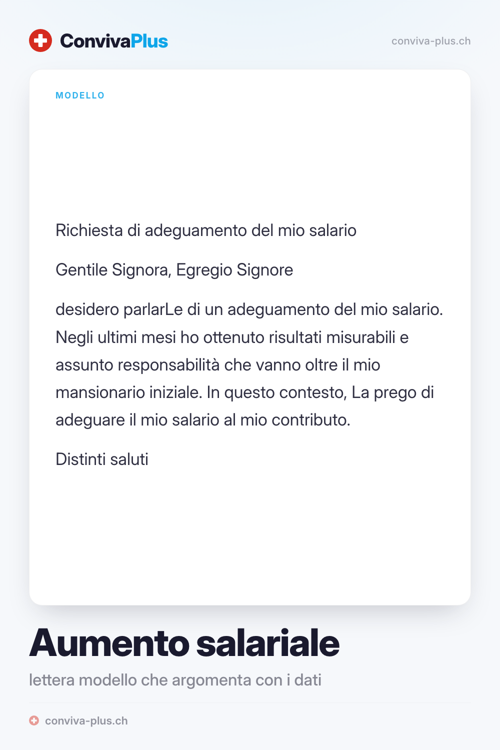 Lettera modello per un aumento di salario in Svizzera con spazi per nome, superiore e salario desiderato, modello ConvivaPlus