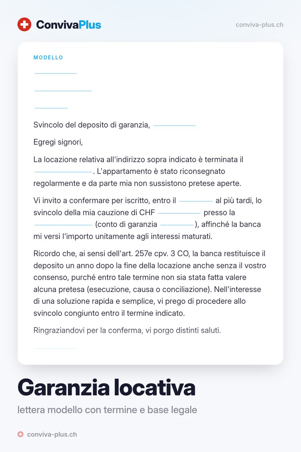 Lettera modello per richiedere la restituzione della garanzia locativa in Svizzera con spazi per mittente, banca e termine, modello ConvivaPlus