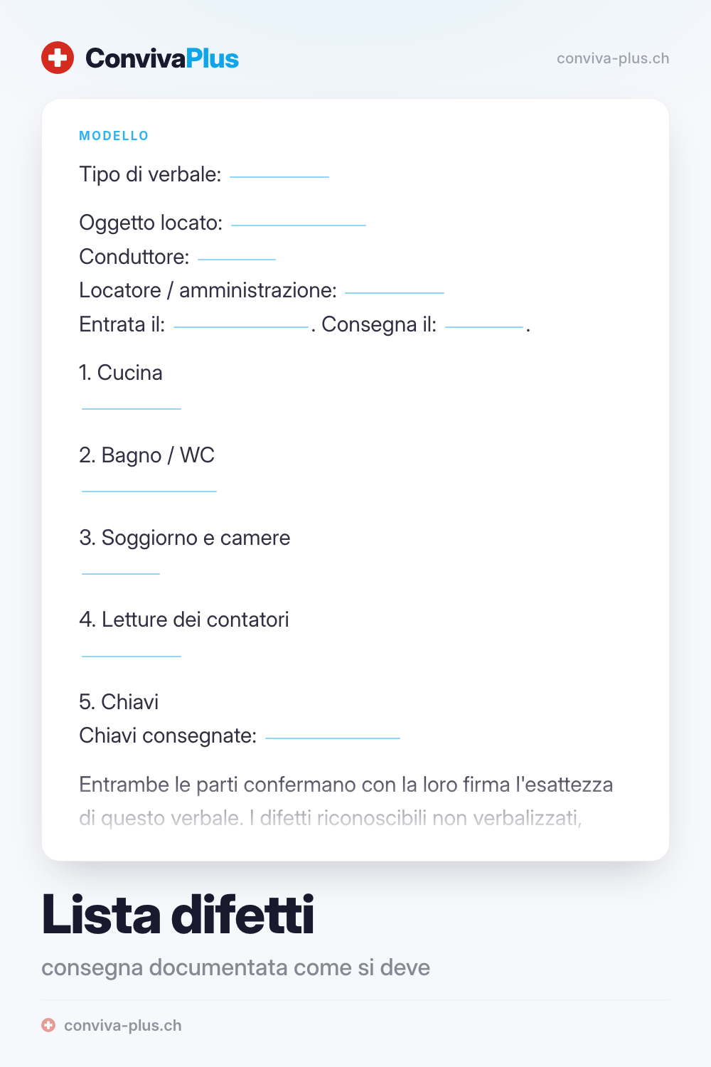 Modello di lista dei difetti per la consegna dell'appartamento in Svizzera con spazi per locali, difetti e firme, modello ConvivaPlus