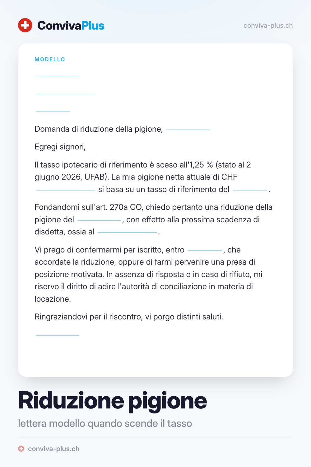 Lettera modello per richiedere una riduzione della pigione in Svizzera con spazi per mittente, oggetto e tasso di riferimento, modello ConvivaPlus