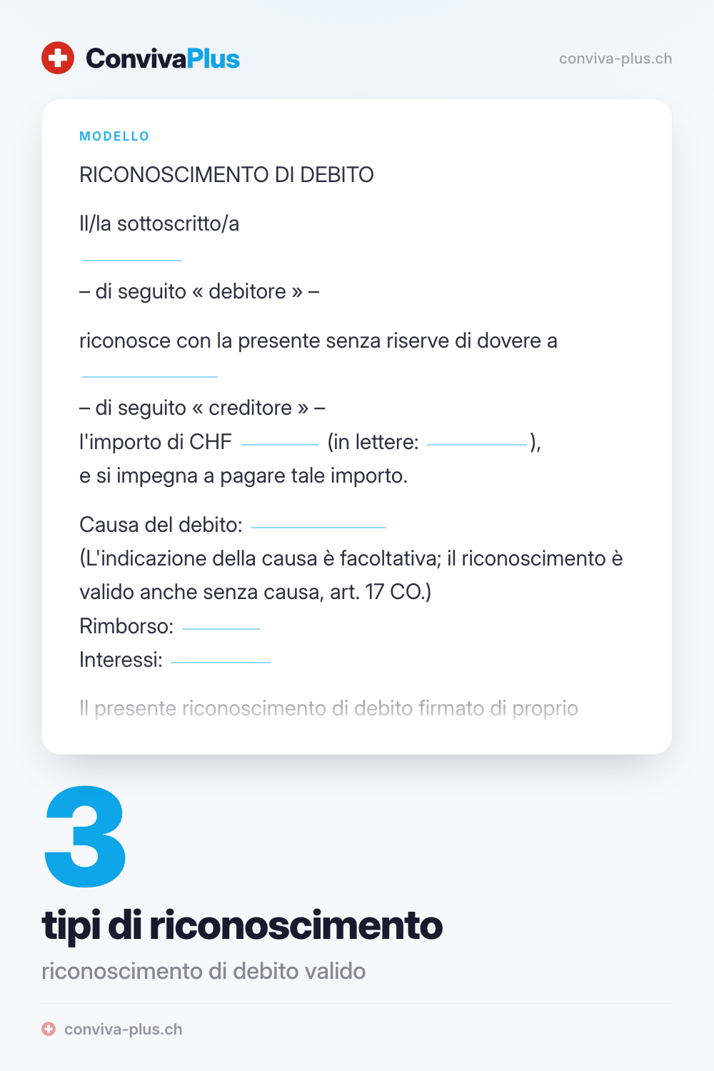 Modello di riconoscimento di debito per la Svizzera con spazi per creditore, debitore e importo, modello ConvivaPlus con 3 tipi