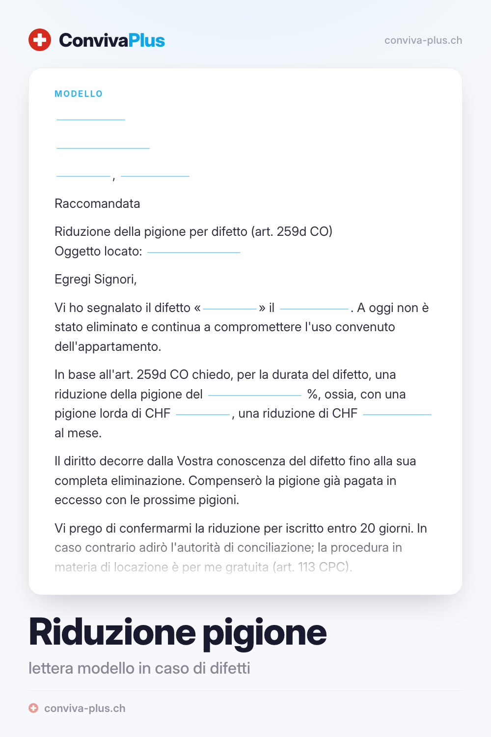 Lettera modello per chiedere una riduzione della pigione per difetti in Svizzera con spazi per mittente, difetto e termine, modello ConvivaPlus