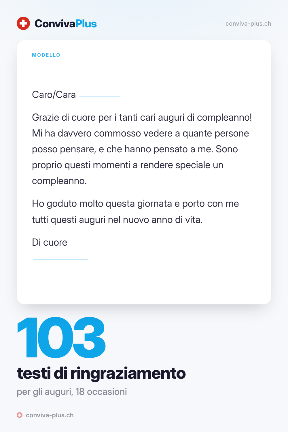 Modello di messaggio di ringraziamento per gli auguri di compleanno con spazi da compilare, raccolta ConvivaPlus di 103 testi