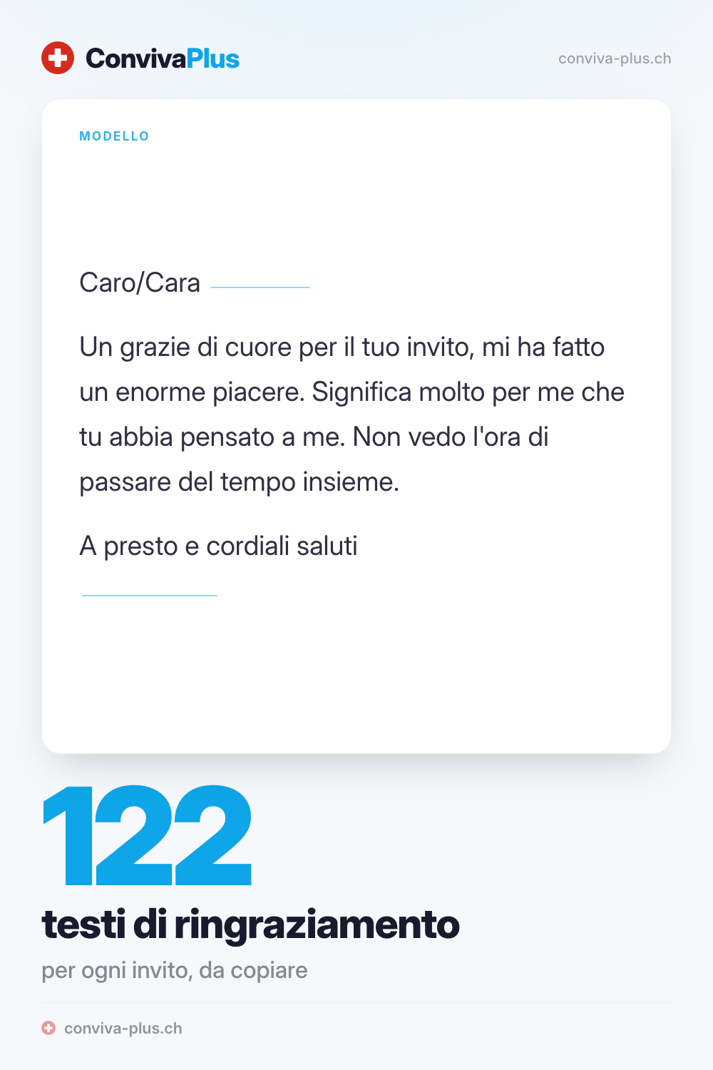 Modello di biglietto di ringraziamento per un invito con spazi da compilare, dalla raccolta ConvivaPlus di 122 testi