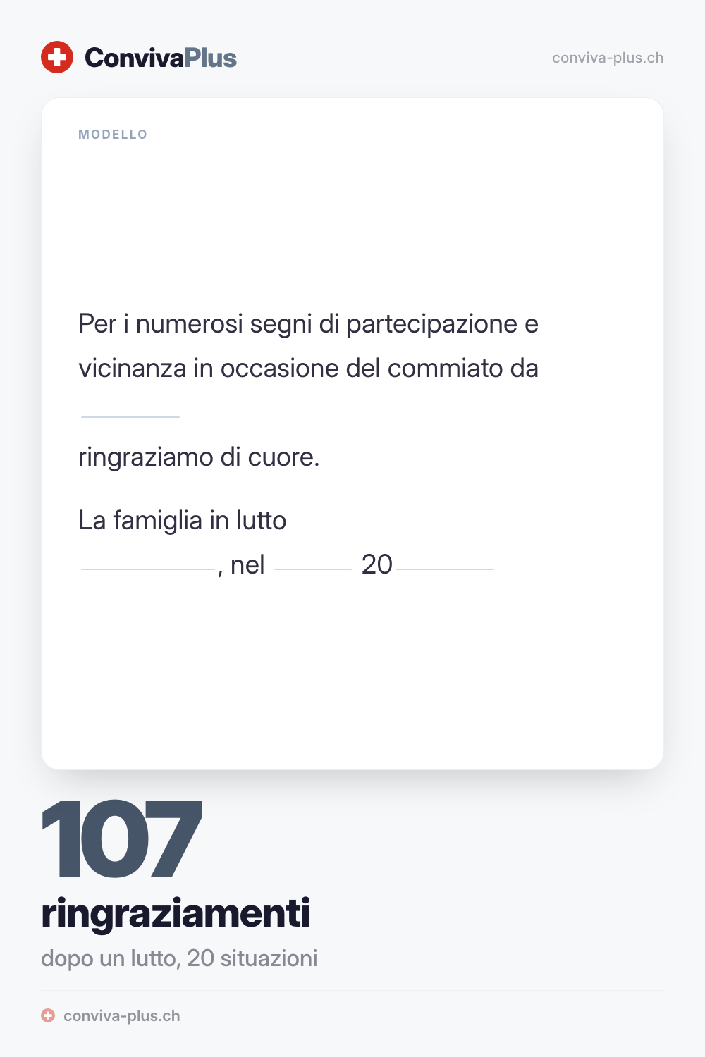 Modello di biglietto di ringraziamento dopo un lutto con spazi da compilare, raccolta ConvivaPlus di 107 testi per 20 situazioni