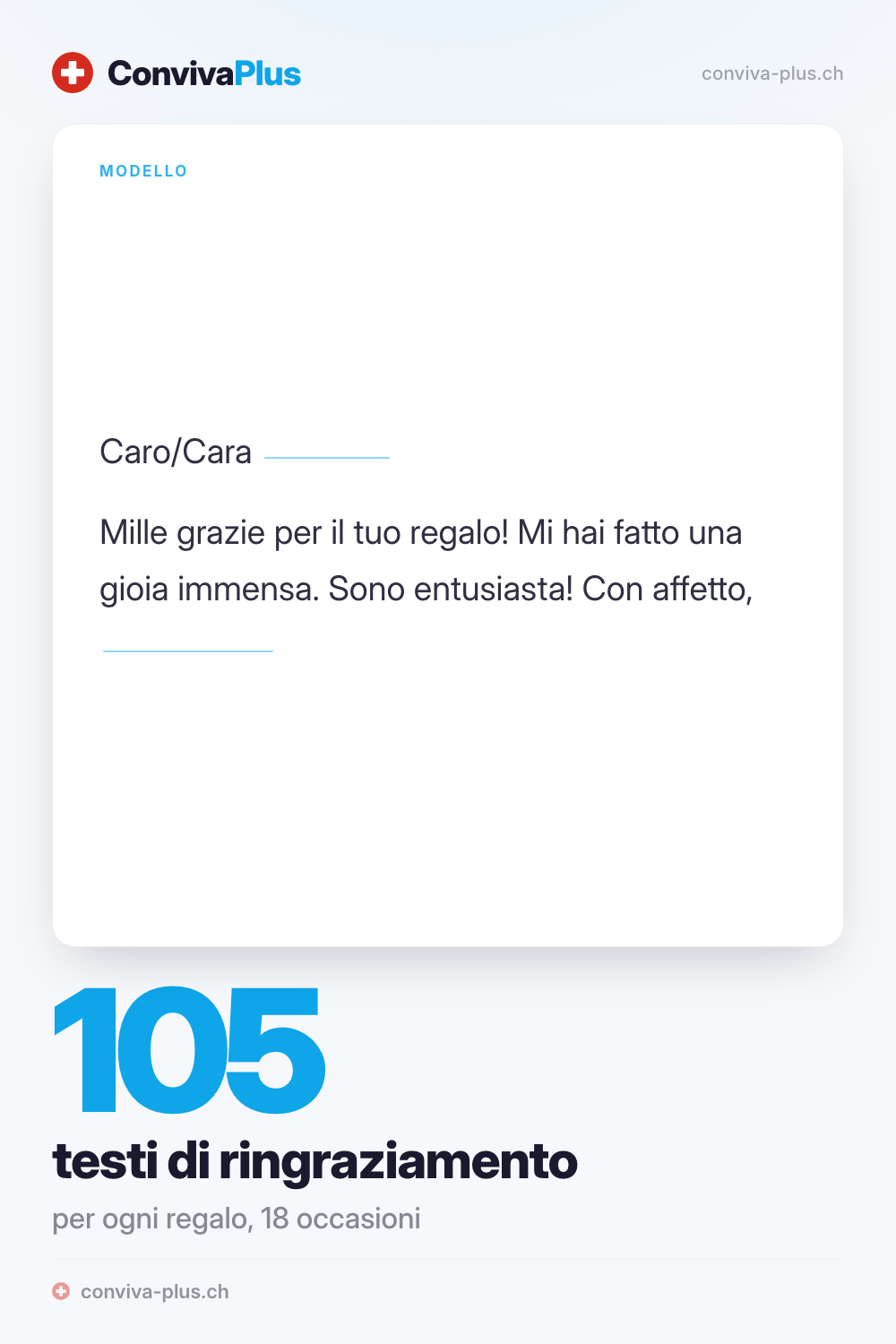 Modello di biglietto di ringraziamento per un regalo con spazi da compilare, raccolta ConvivaPlus di 105 testi per 18 occasioni