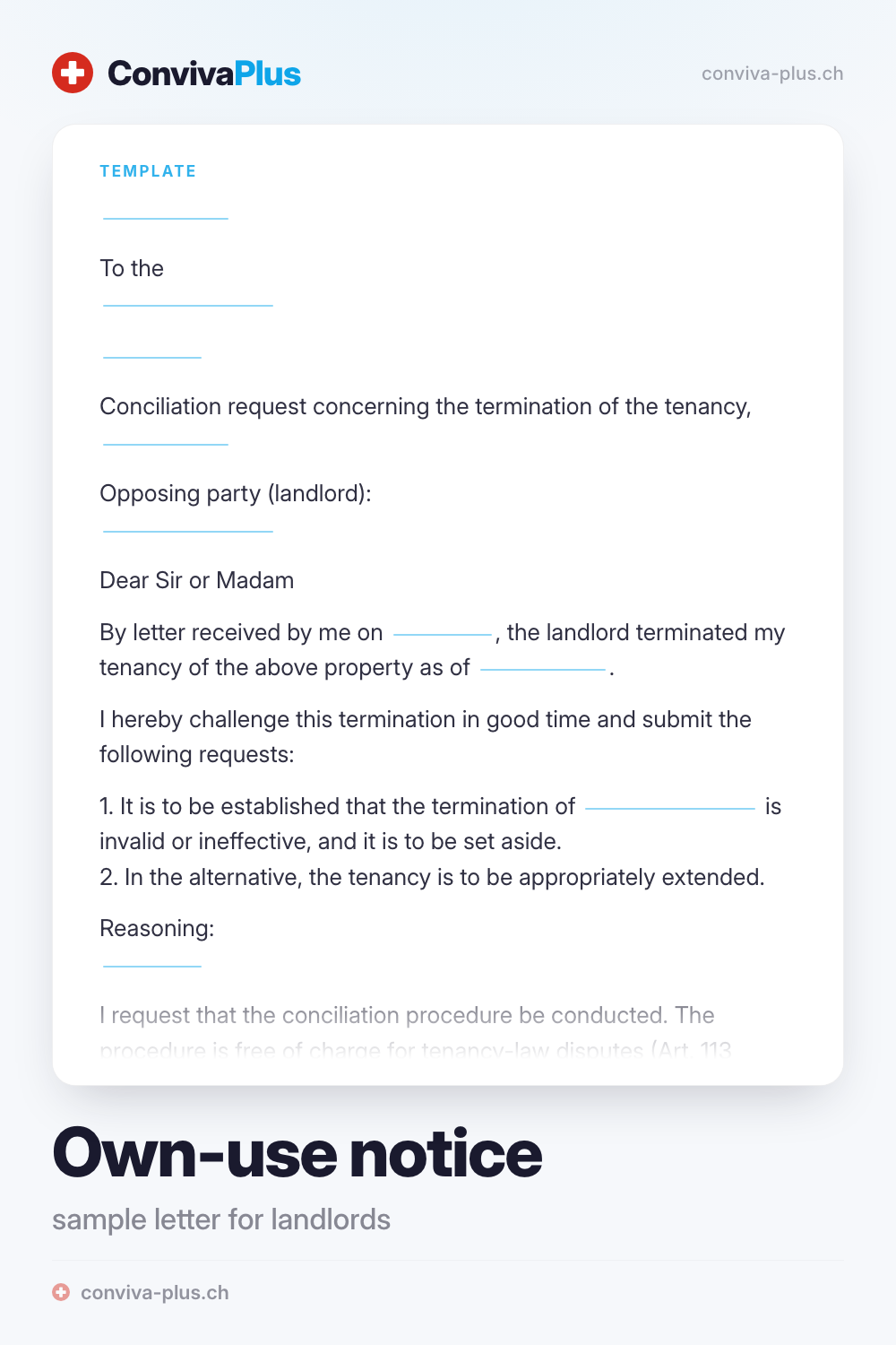 Sample own-use termination letter in Switzerland with blanks for landlord, property and date, template by ConvivaPlus