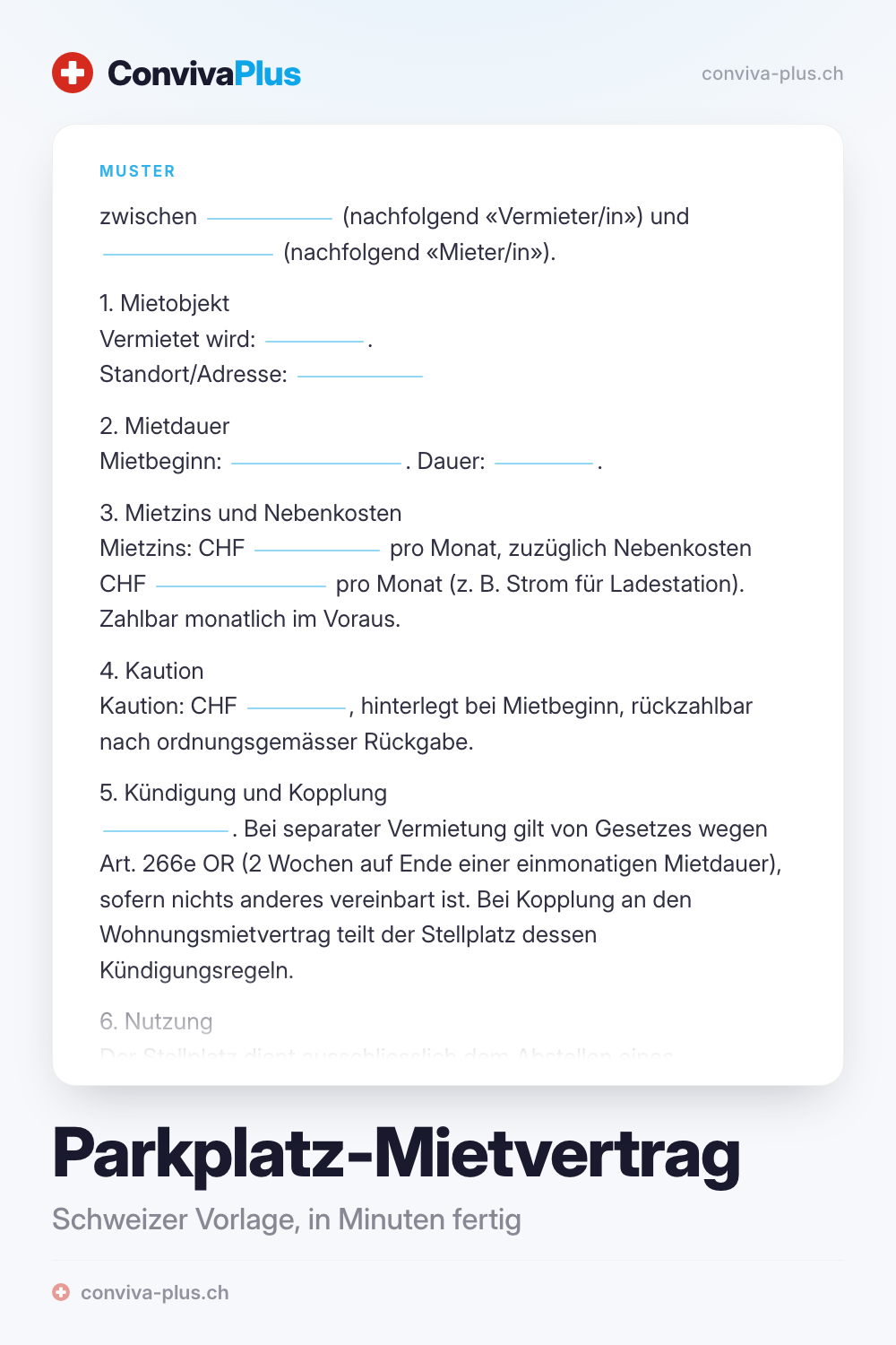Muster eines Mietvertrags für einen Parkplatz oder eine Garage in der Schweiz mit Platzhaltern für Parteien und Mietzins, Vorlage von ConvivaPlus