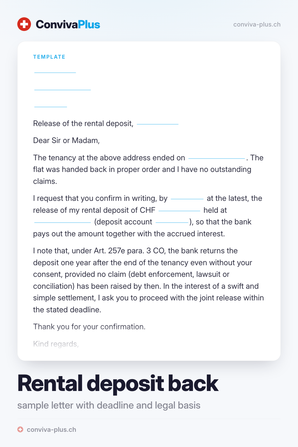 Sample letter reclaiming a rental deposit in Switzerland with blanks for sender, bank and deadline, template by ConvivaPlus