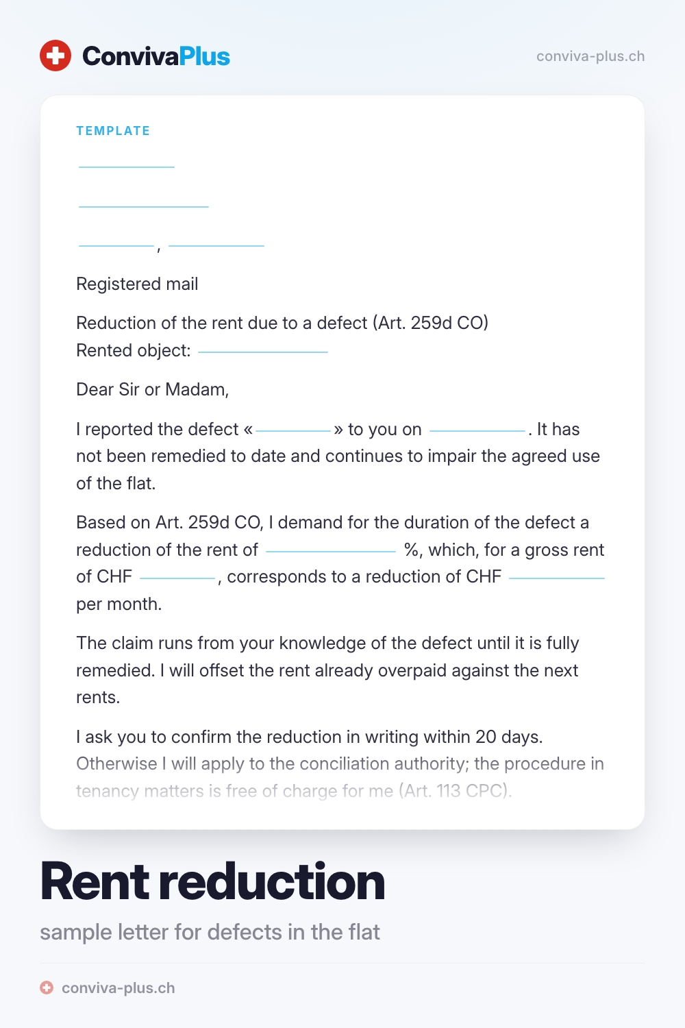 Sample letter demanding a rent reduction for defects in Switzerland with blanks for sender, defect and deadline, template by ConvivaPlus
