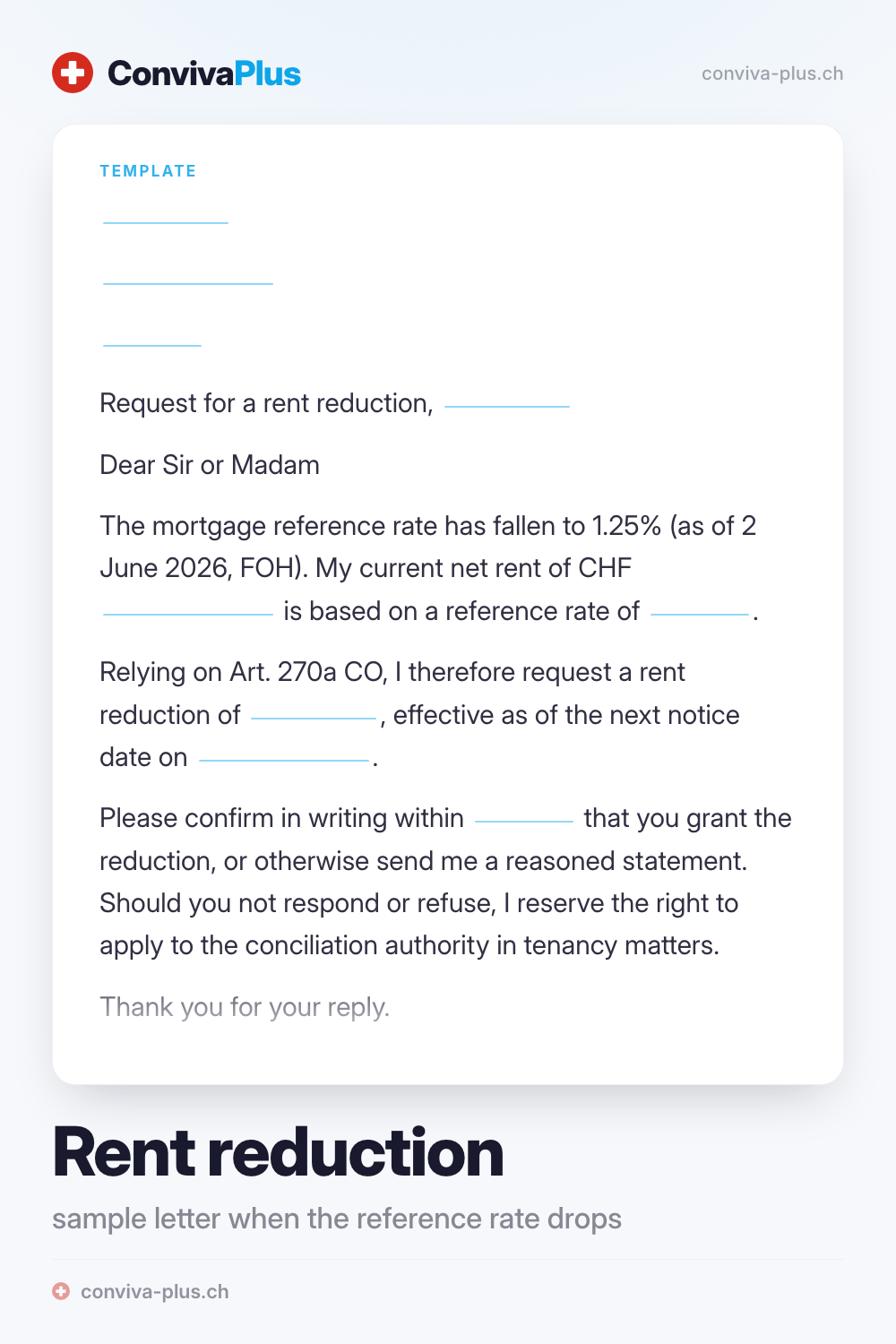 Sample rent reduction request in Switzerland with blanks for sender, property and reference rate, template by ConvivaPlus