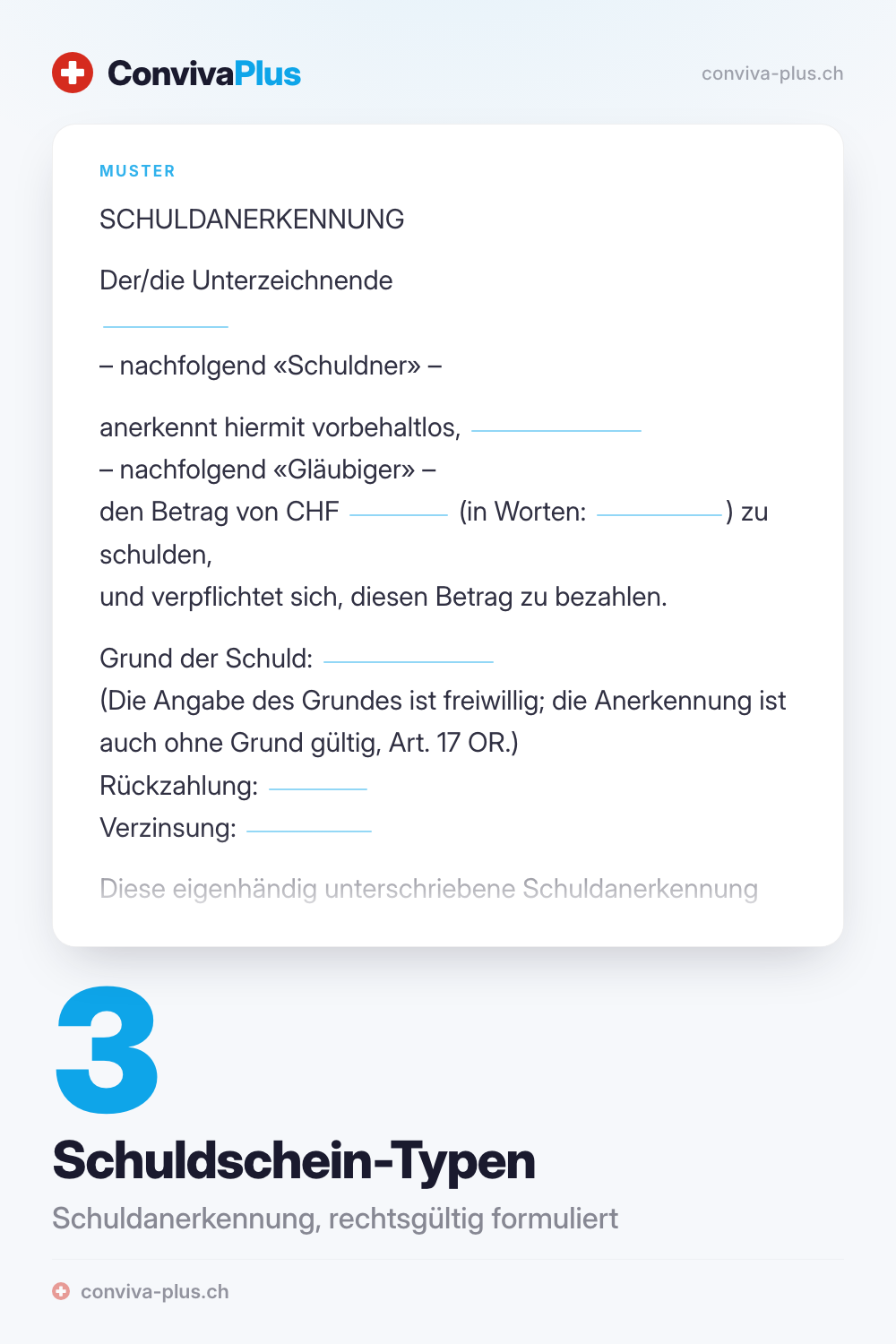 Muster einer Schuldanerkennung für die Schweiz mit Platzhaltern für Gläubiger, Schuldner und Betrag, aus der ConvivaPlus-Vorlage mit 3 Schuldschein-Typen