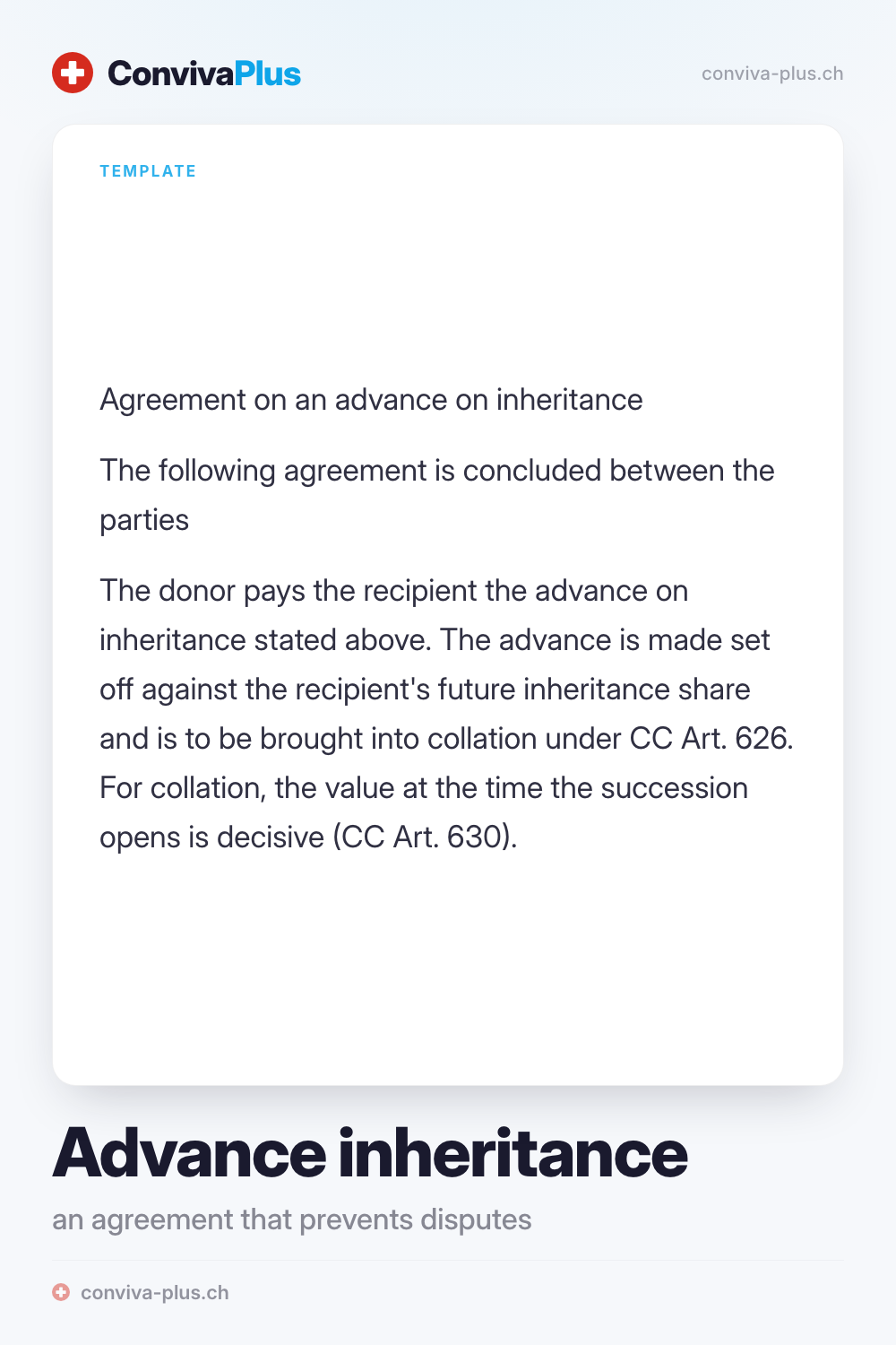 Sample Swiss advance-on-inheritance agreement with blanks for donor, recipient and amount, template by ConvivaPlus