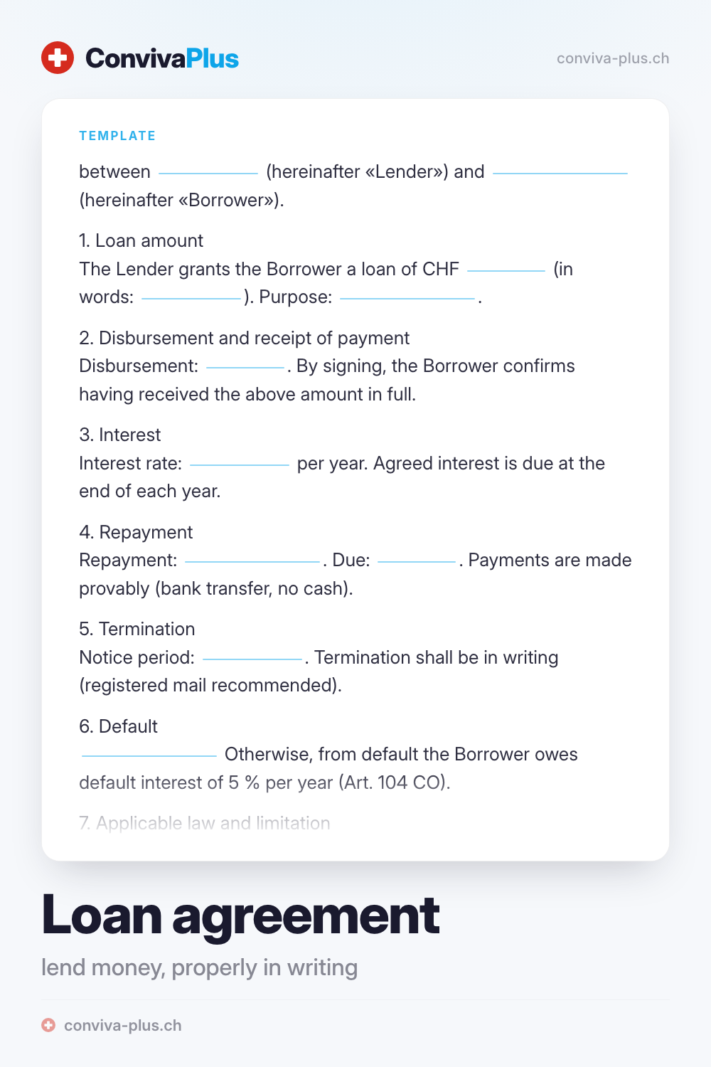 Sample Swiss loan agreement with blanks for lender, borrower, amount and repayment, template by ConvivaPlus